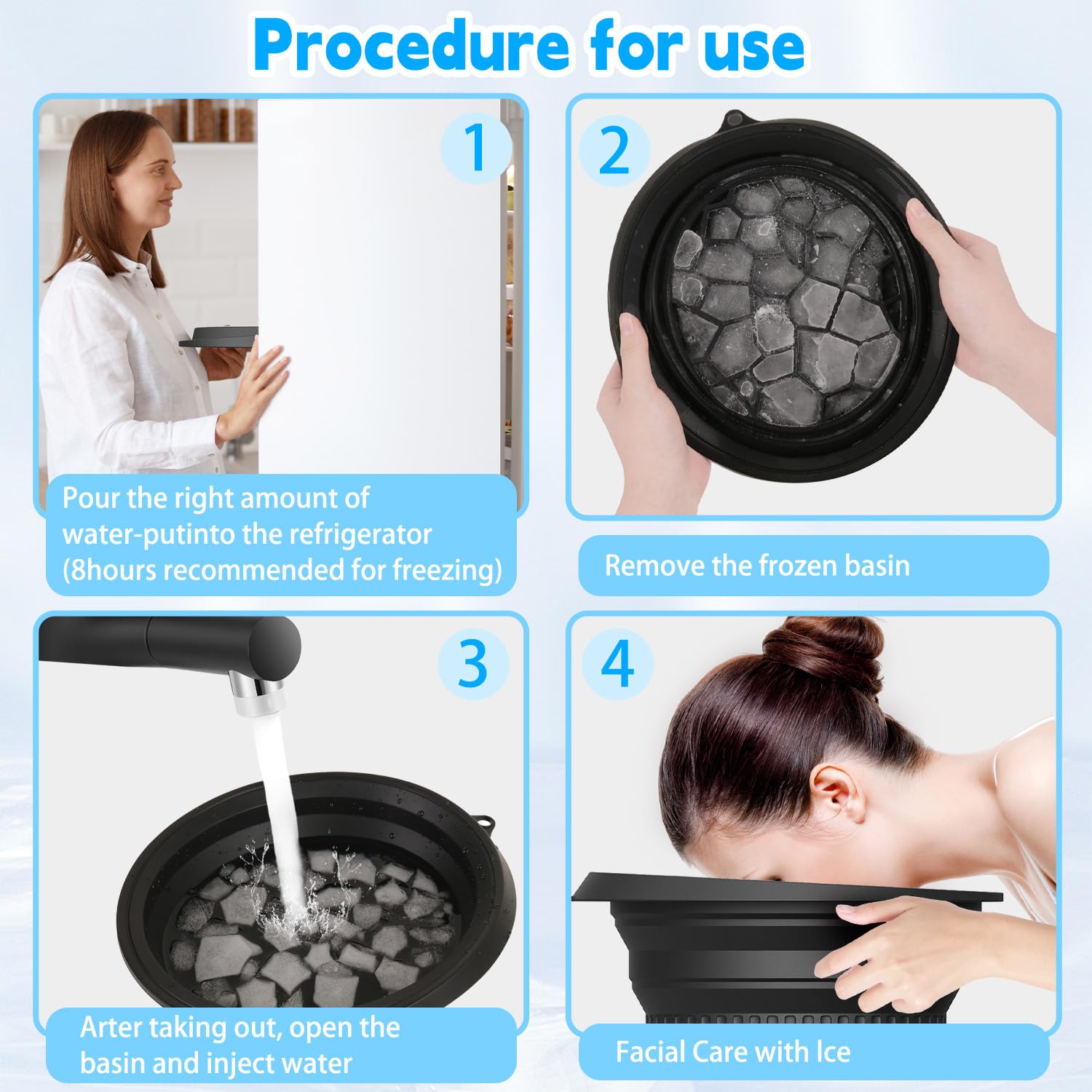 Ciotola per il freddo facciale con cubetti di ghiaccio riutilizzabili, pieghevole, design in silicone resistente, per bagni di ghiaccio viso e cura della bellezza (nero)