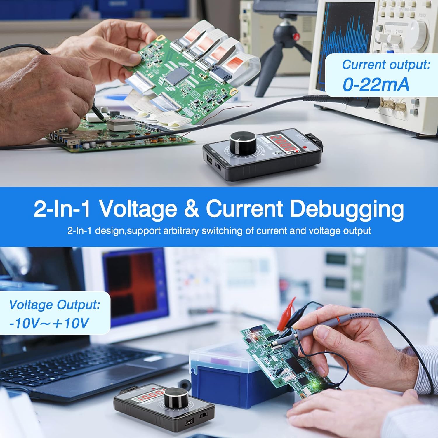 Riiai DC 0-10V 0/4-20mA Current Voltage Signal Generator, Built-in Battery Power Supply Interface Analog Simulator, Adjustable 4-Digit Display, for PLC, Panel Debugging, Device Testing