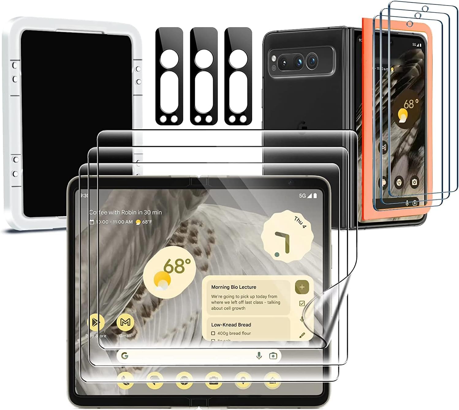 Milomdoi [9-in-1] for Google Pixel Fold 5G Screen Protector [3 Pack Inside and 3 Pack Front] With 3 Pack Tempered Glass Camera Lens protector with mounting positioner accessories No Bubbles