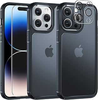 TAURI [5 in 1] for iPhone 14 Pro Max Case [Not Yellowing], with 2 Tempered Glass Screen Protectors + 2 Camera Lens Protectors [Military Grade Protection] Shockproof Phone case 6.7 Inch, MatteBlack
