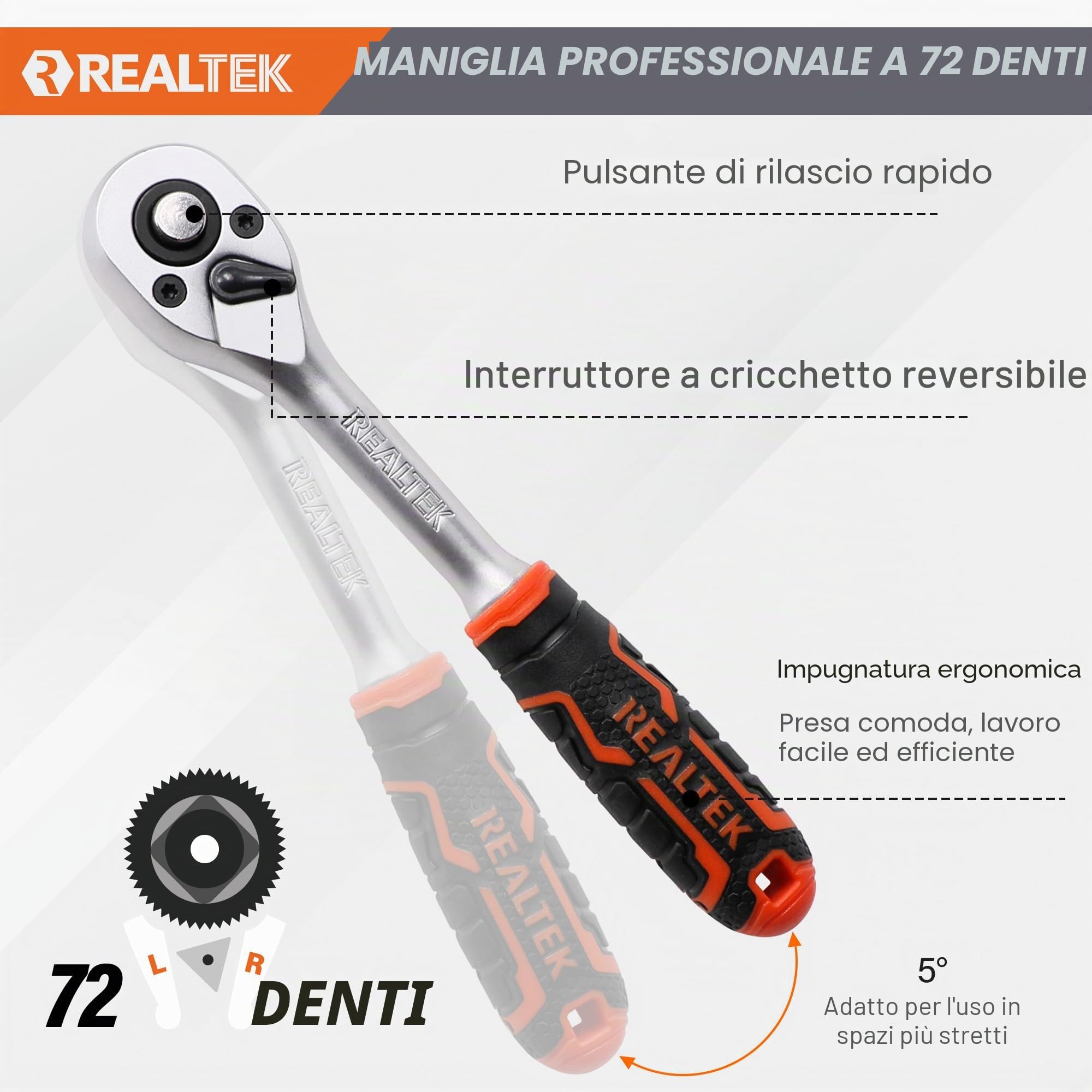 REALTEK Set Chiavi a Bussola, Chiavi a Cricchetto 1/4''+3/8"+1/2'' 172 Pezzi, 72 denti, Cr-V, Adatto per Lavori su Biciclette e Automobili le riparazioni