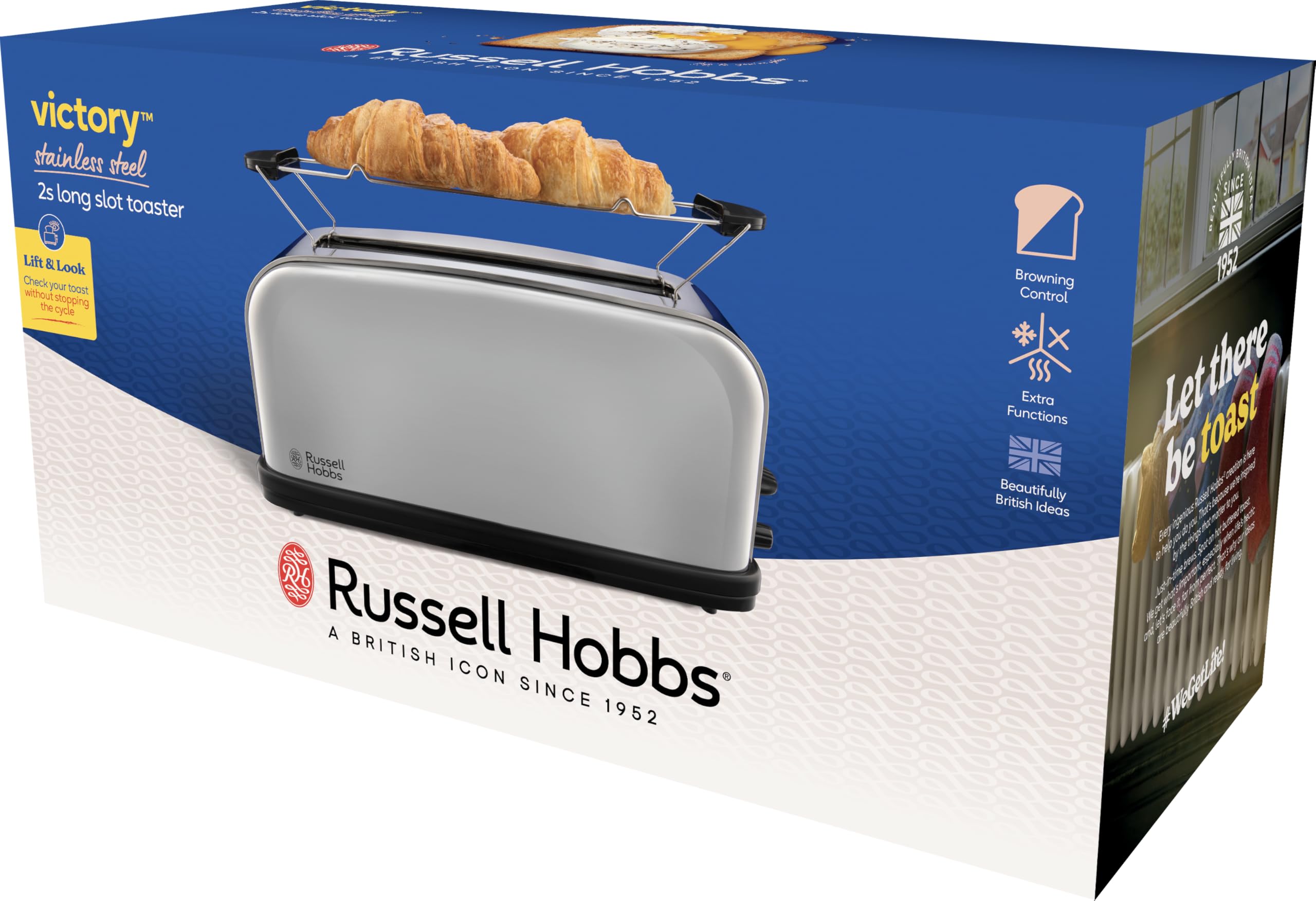 Russell Hobbs Toaster [Langschlitz für 2 Scheiben / 1 breite Brotscheibe] Victory Edelstahl (extra breiter Toastschlitz, inkl. Brötchenaufsatz, 6 Bräunungsstufen + Auftau- & Aufwärmfunktion) 23510-56
