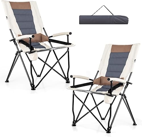 Miniatura 10 de HAPPYGRILL Silla de camping plegable con bolsa de transporte, silla de césped portátil con soporte para tazas, silla de exterior de 330 libras para