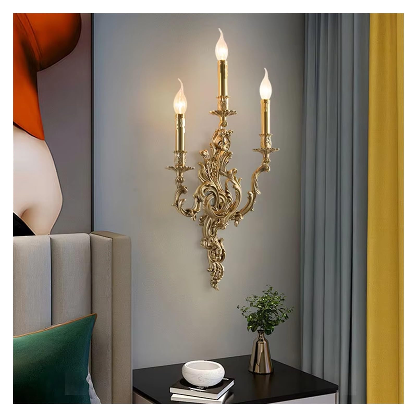 ASerZenith Luxury French Retro Copper Candle Wall Lamp Living Room Dining Room Bedroom Bedside Light Aisle Atmospheric Villa Lighting(2 Colors Changeable-3 Bulbs)
