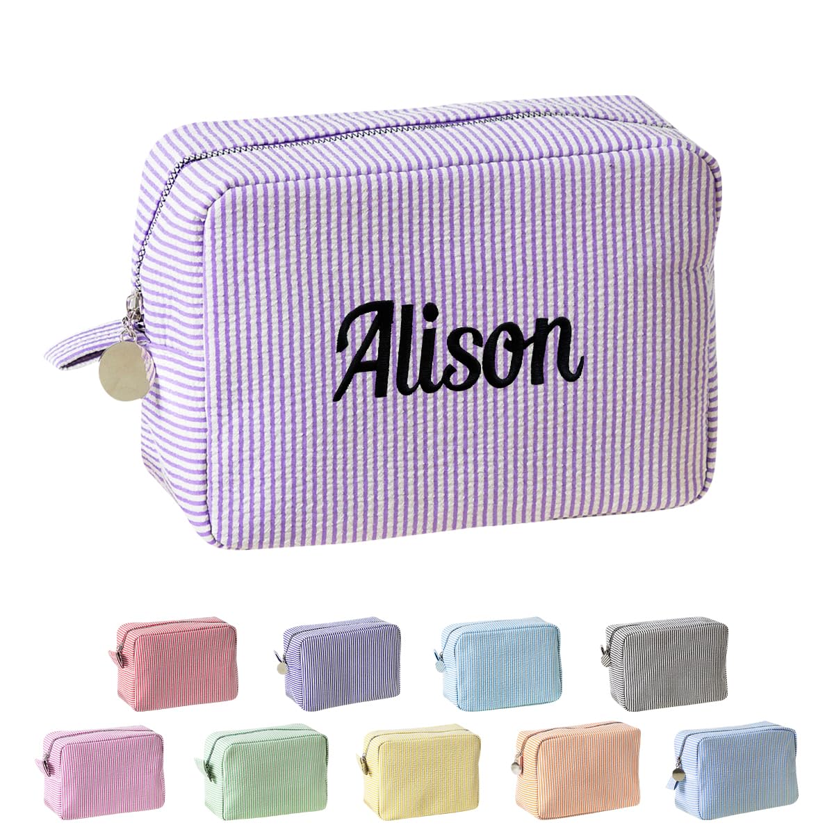 Ulico Personalized Cosmetic Bag Embroidered Name,Custom Monogrammed Makeup Bag，Seersucker Travel Toiletry Bag for Women Girls, Purple