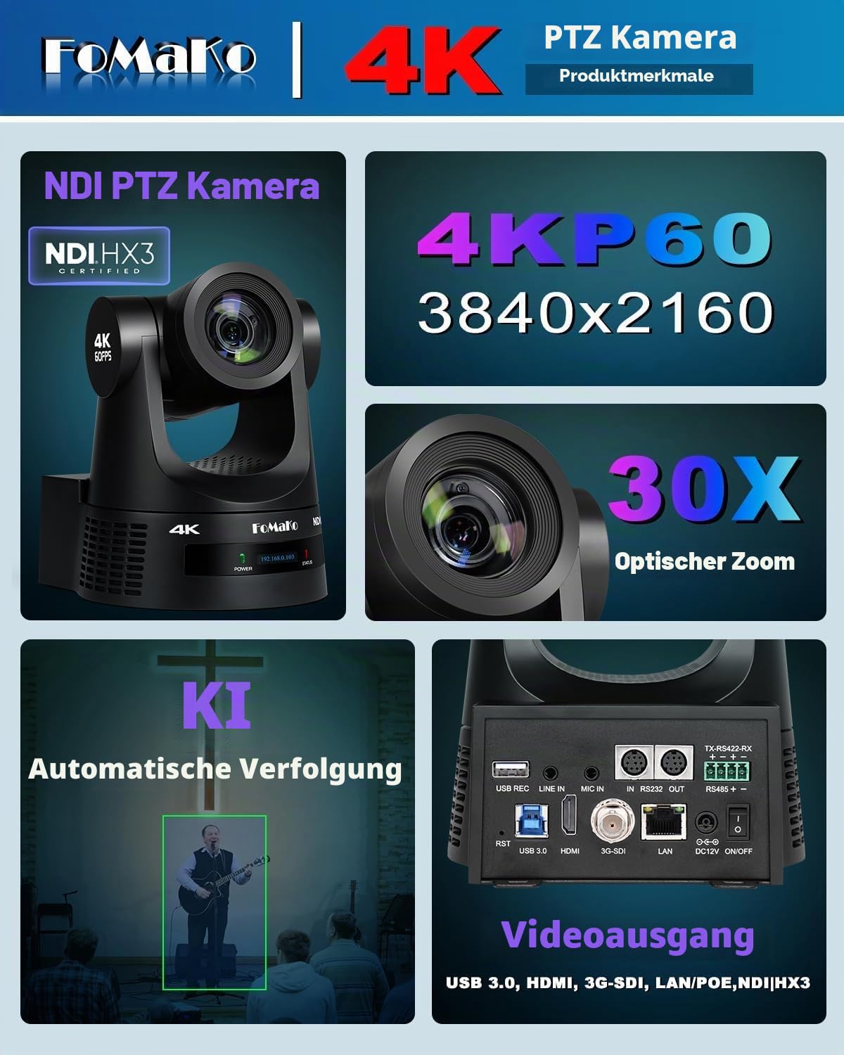 FoMaKo 4K 60FPS NDI HX3 PTZ Kamera, 30x Optischer Zoom, NDI-Ausgang 4K@60, KI-Auto-Tracking, 3G-SDI HDMI2.0 LAN PoE USB3.0, Professionelle NDI-Live-Streaming-PTZ-Kamera (K630N)