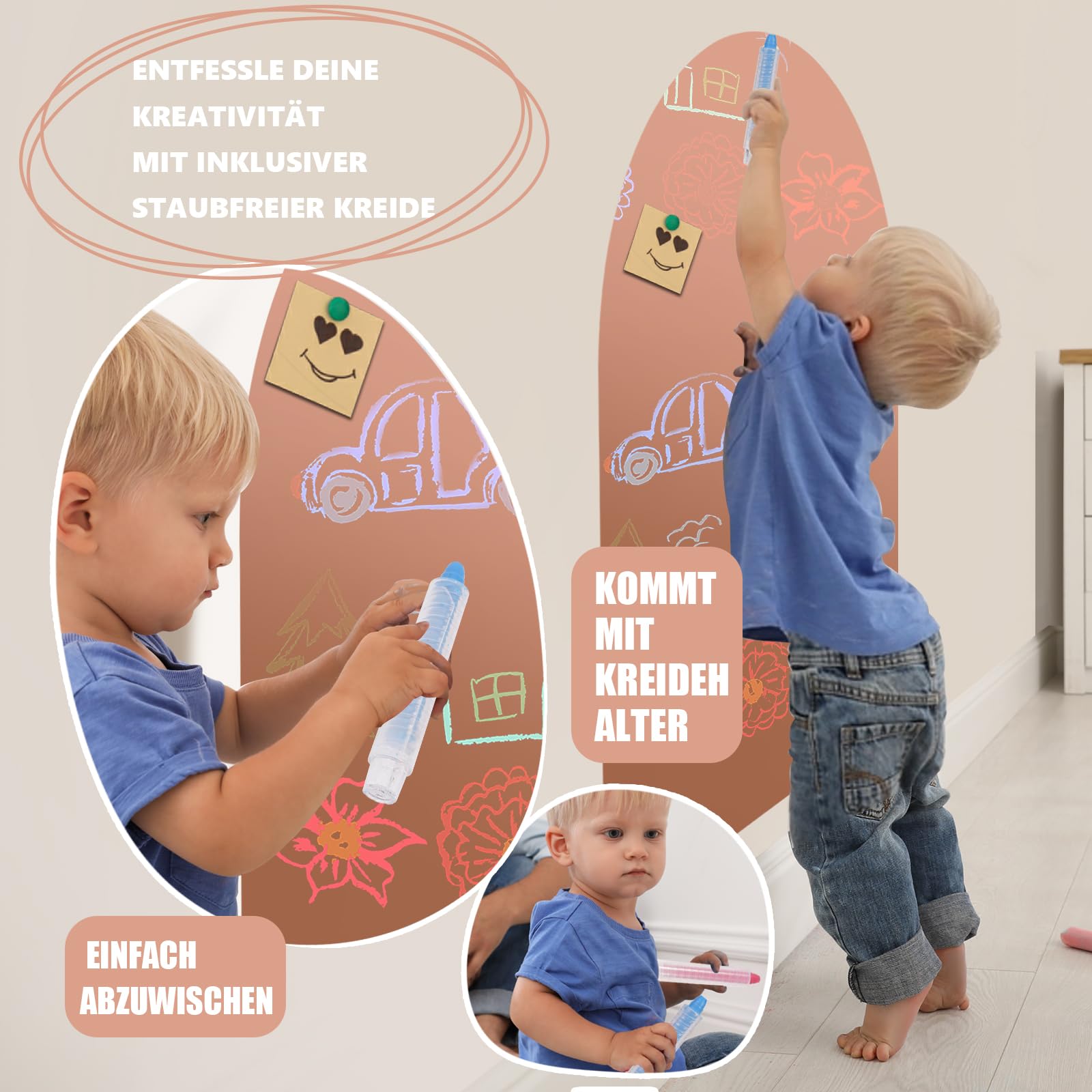 Tablica Magnetyczna Dla Dzieci 80 x 100 cm, Samoprzylepna Powierzchnia Kredowa Łuk z 3 Bezpyłowymi Kredami i Ściereczką, Idealny Prezent do Pokoju Dziecięcego（Mlecznej Herbaty）