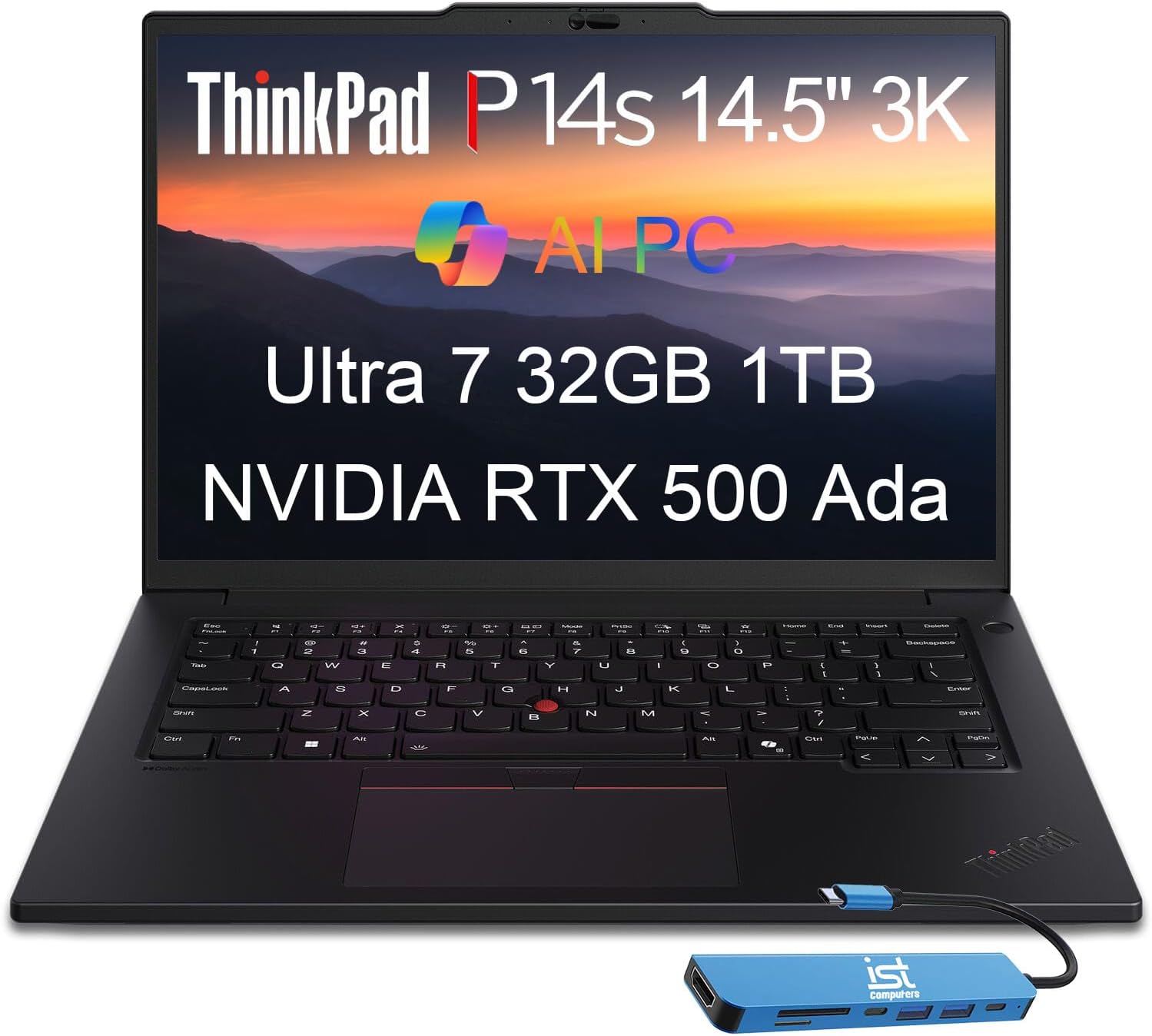 LenovoThinkPad P14s Gen 5 Mobile Workstation Laptop (14.5" 3K 120Hz, NVIDIA RTX 500 Ada, Intel Core Ultra 7 155H, 32GB DDR5 RAM, 1TB SSD) AI PC for Designer, Engineer, IST HUB, Win 11 Pro