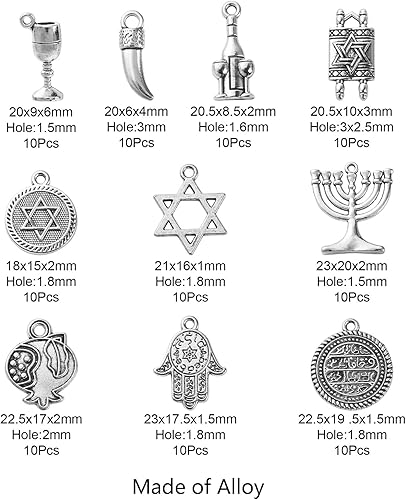 Miniatura 2 de KitBeads 100 piezas de 10 estilos de dijes judíos tibetanos de la mano judía de Fátima, dijes de religión de San Judas de la estrella de David judía