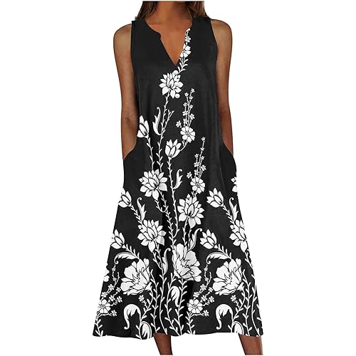 Women's Summer Design Casual Dress Sleeveless V-Neck Dress with Pockets Loose Flowy Swing Pleated Long Beach Dress