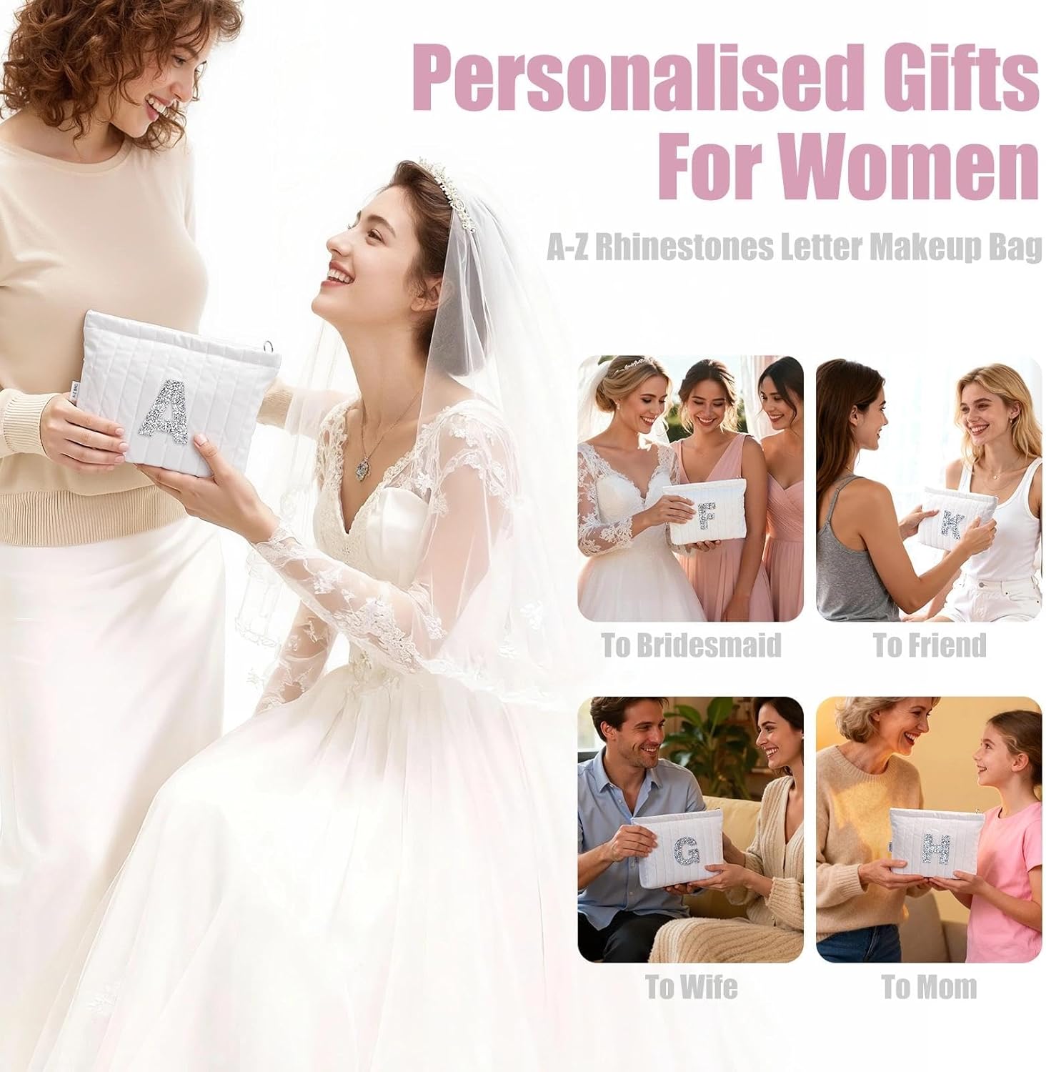 A-Z BAG Personalised Makeup Bag, Quilted Cosmetic Bag with Rhinestones Letter, Gifts for Women, Mum, Friend, Sister, Teenage Girls, Bridesmaid Gift (S, White) - Image 2