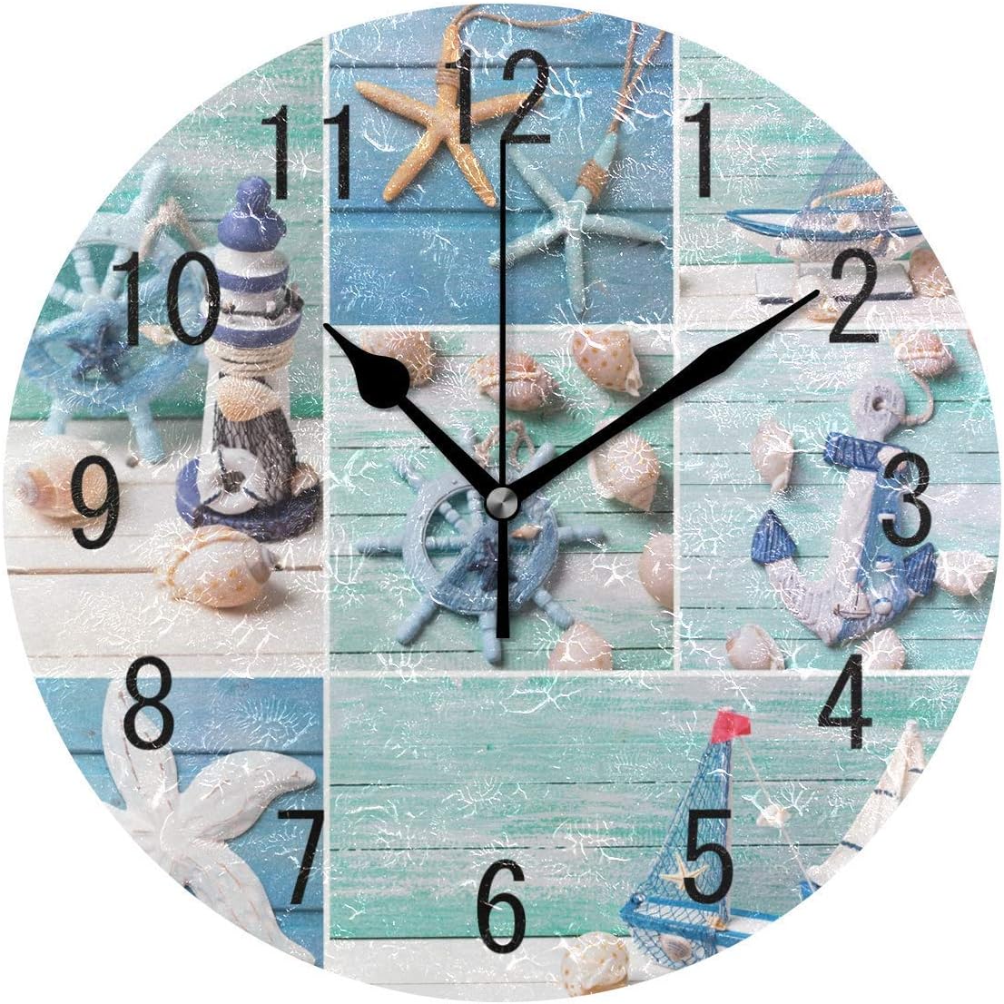 NMCEO Round Wall Clock Summer Anchor Ship's Wheel Starfish Acrylic Original Clock for Home Decor Creative
