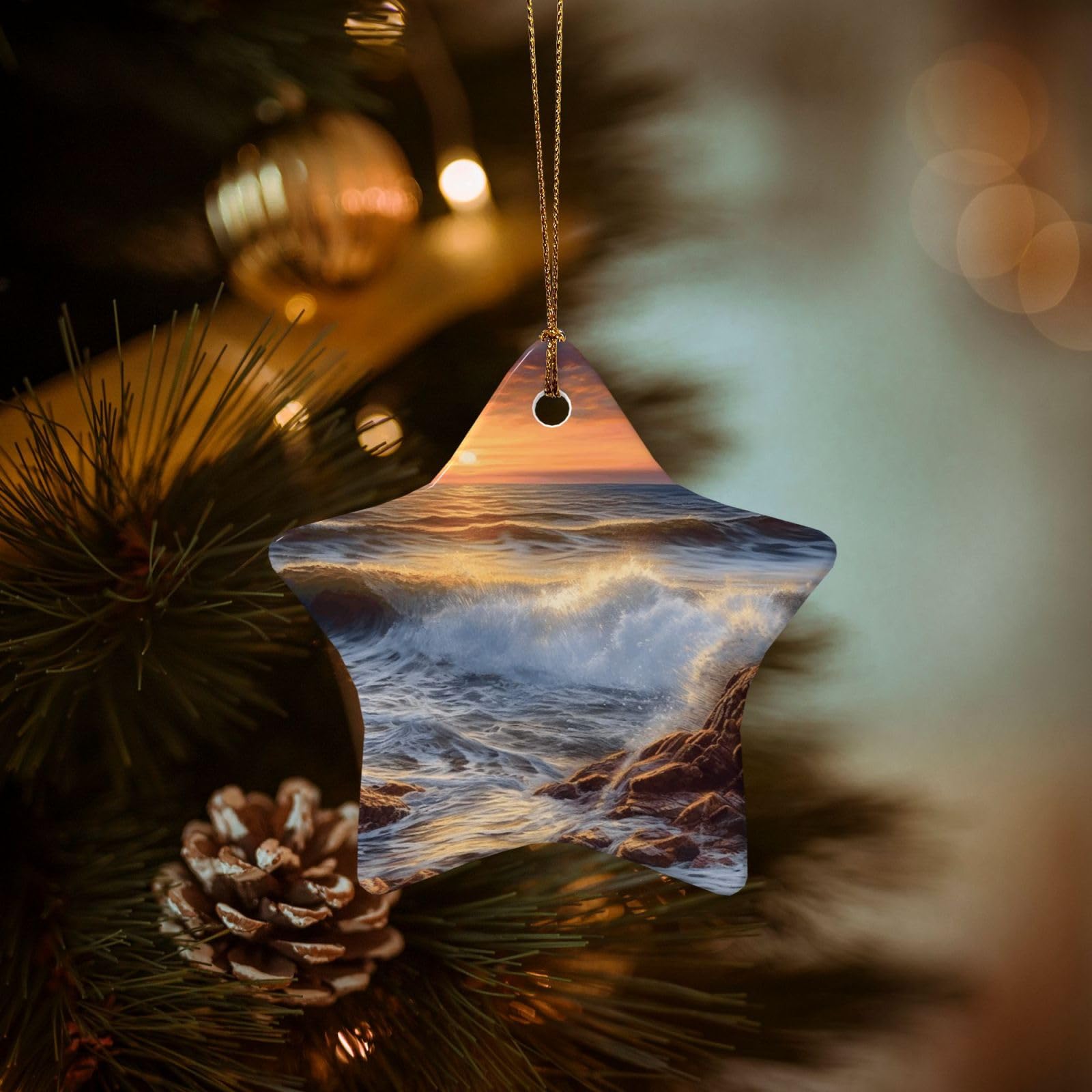 Christmas Tree Ornaments Ceramics Christmas Decorations Rocky Wave Sunset Painting Ornaments with Gold Ribbon Porcelain Xmas Tree Crafts Star Shape Hanging Pendant for Christmas Tree Party Decor