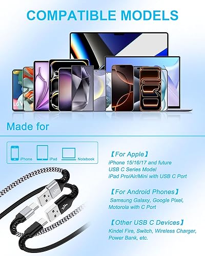Miniatura 6 de Cable de carga Android de 10 pies, paquete de 2 cables de carga rápida USB A a USB C para Apple iPhone nuevo tipo C, Car Play Android, Samsung