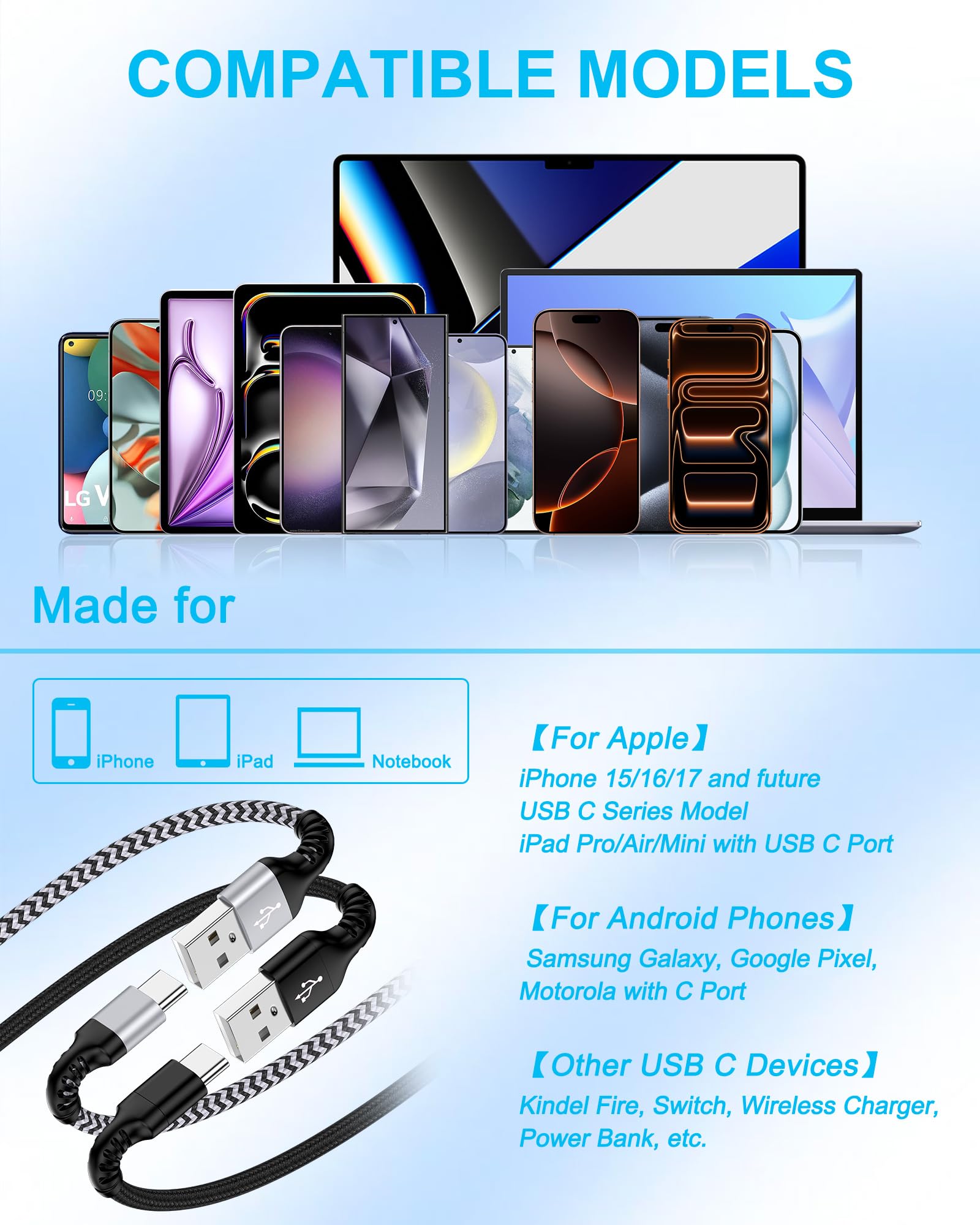 Carplay - Confezione da 2 cavi USB C per ricarica rapida per iPhone 17 Pro Max 17Pro Air 16e 16 15 Plus, da USB a USB-C intrecciato USBC Android Car Play cavo di alimentazione tipo C Apple Galaxy 0,9