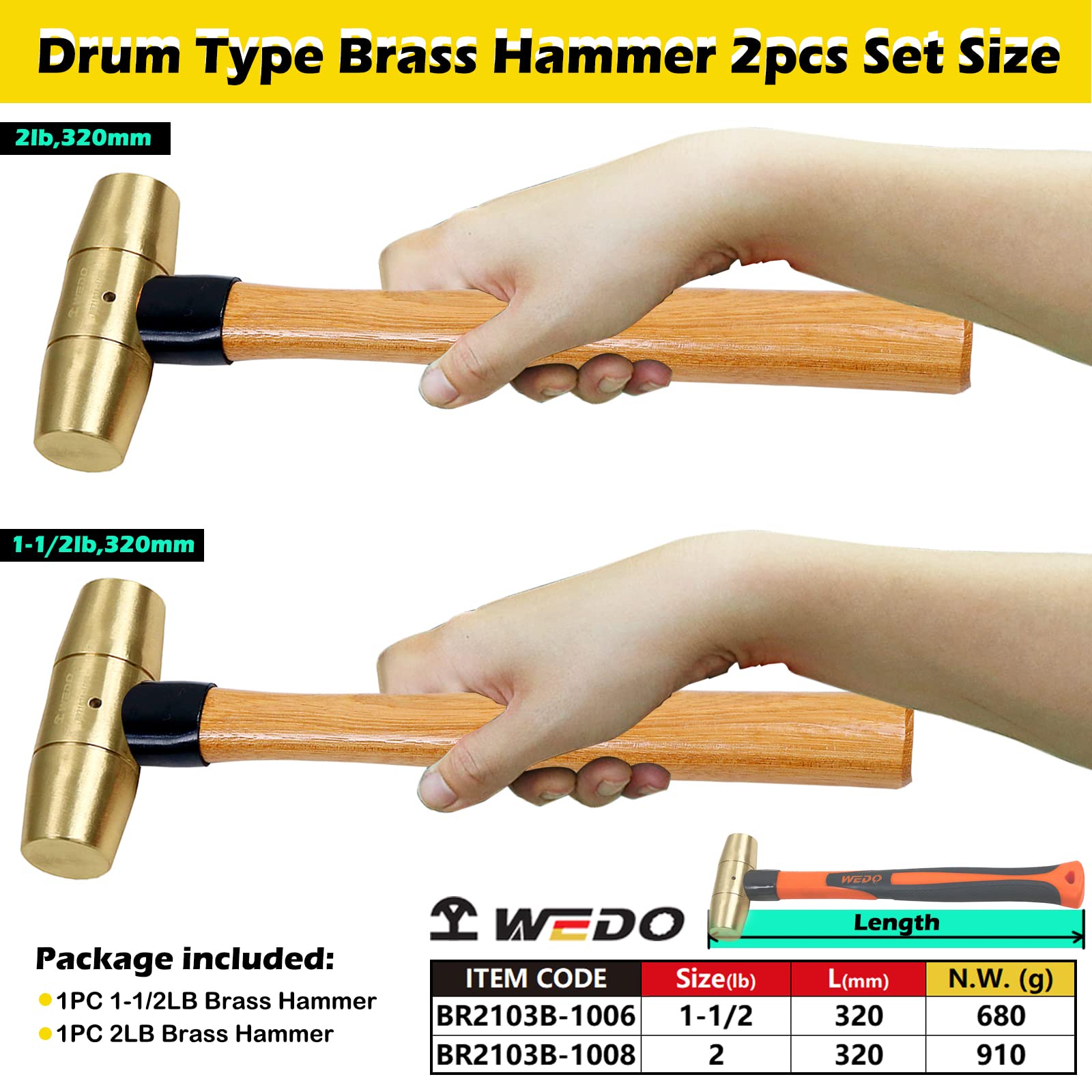 WEDO Set di 2 martelli in ottone, 1-1/2 libbre e 2 libbre, kit martello da slitta, martello in ottone massiccio, manico in legno, forgiato, resistente alla corrosione, standard DIN