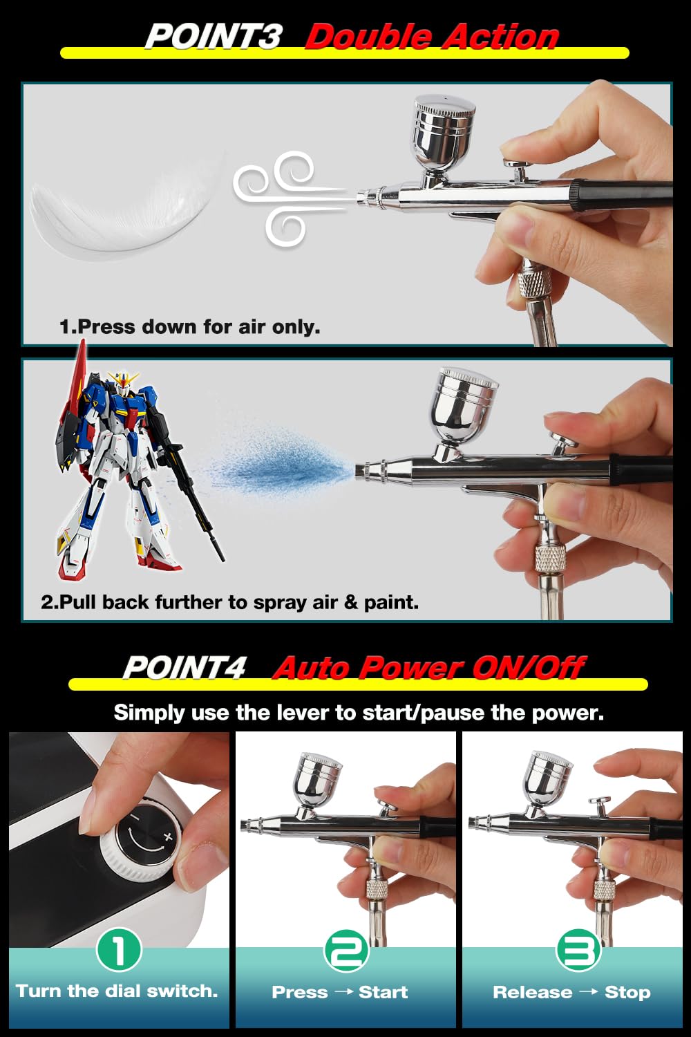 Kit de aerógrafo con compresor, puede conectar dos aerógrafos, 41PSI, encendido y apagado automático, 5 niveles ajustables, doble acción, boquilla de 0.3 mm, compacto, juego de compresor de aerógrafo