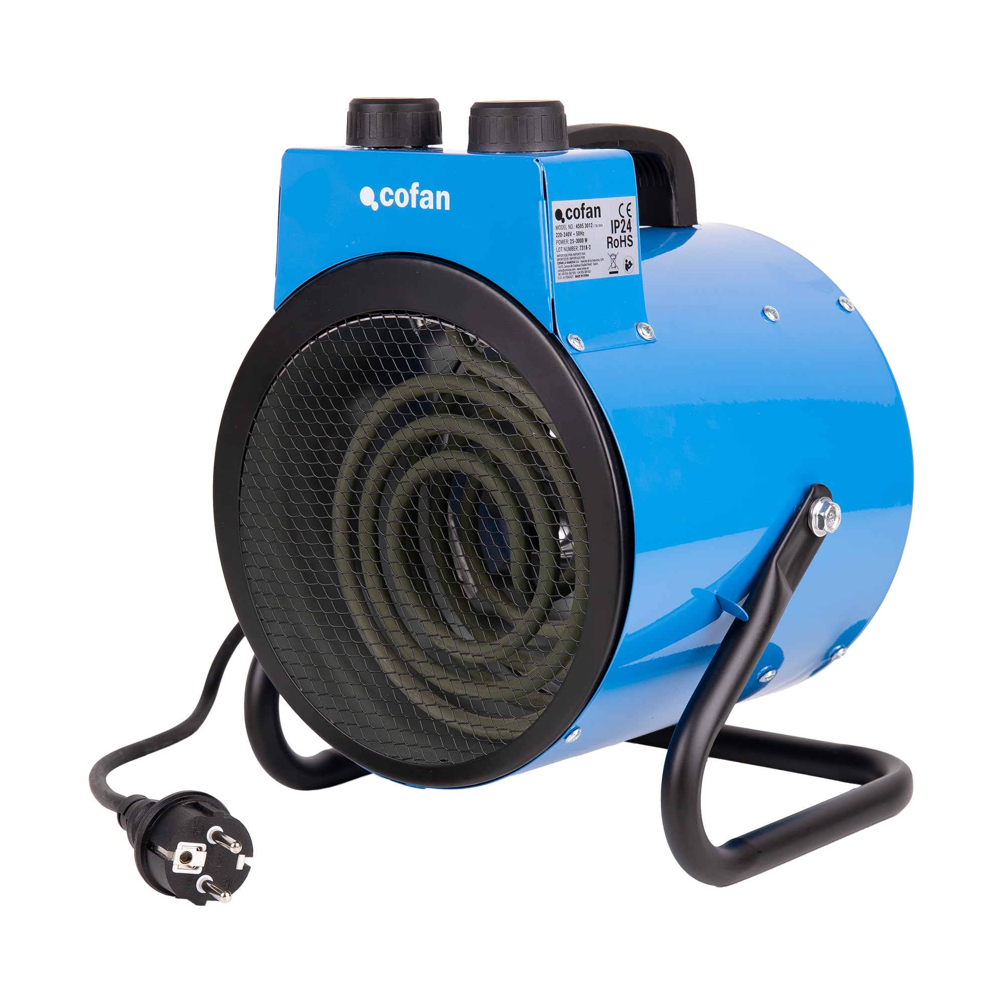 Cofan Calefactor industrial 3000 W | 2 niveles de potencia | Termostato ajustable | Función ventilador | Color azul | Adecuado para talleres y almacenes