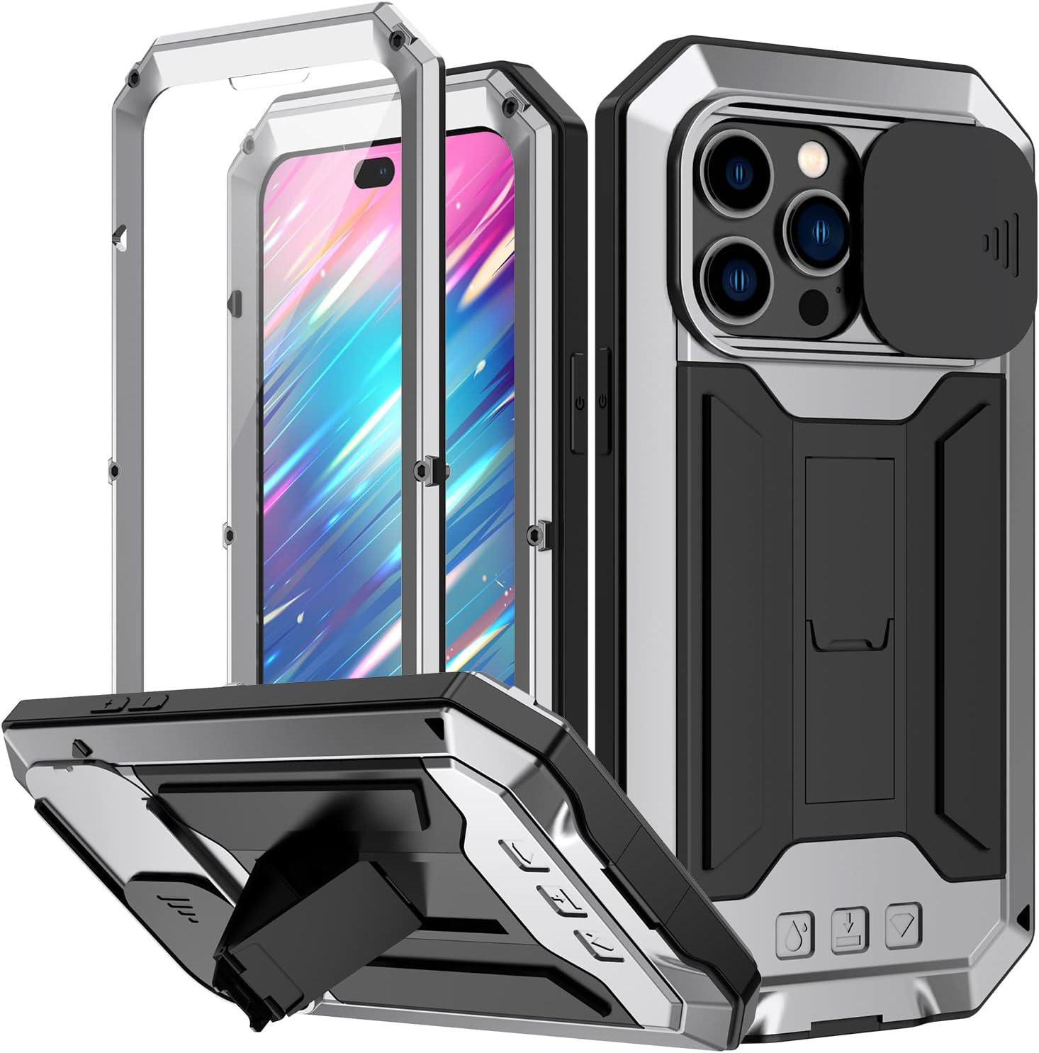LunivopMetal Bumper Silicone Compatible with iPhone 14 Pro Max 6.7 inch 2022 Case Cameras Protection Heavy Duty Protection Doom Cover Shockproof with Built in Screen Protector Holder (Silver)