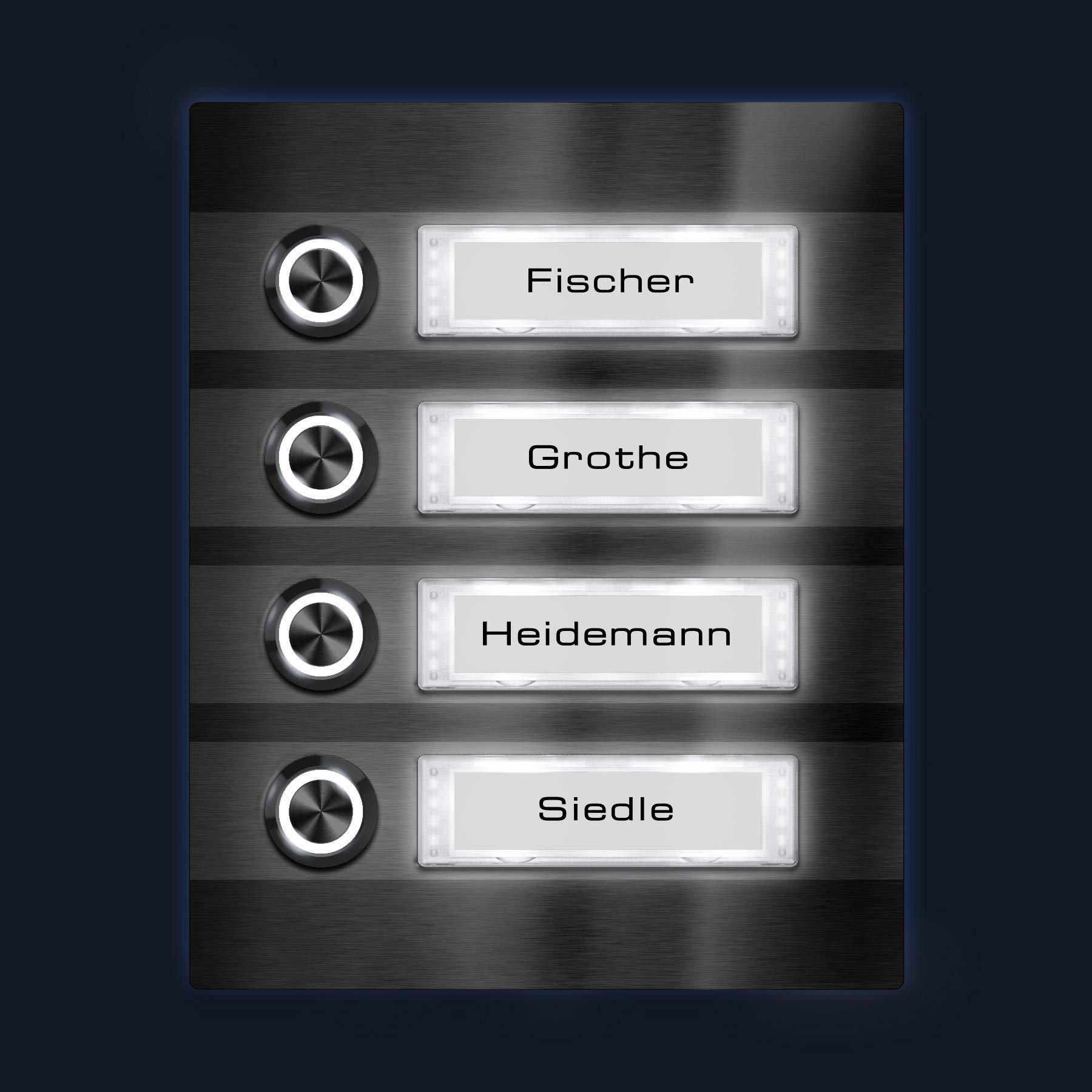 Metzler campanello da parete acciaio inox V2A 4 pulsanti targhette nome intercambiabili illuminazione LED opzionale montaggio a muro design moderno resistente alle intemperie casa condominio