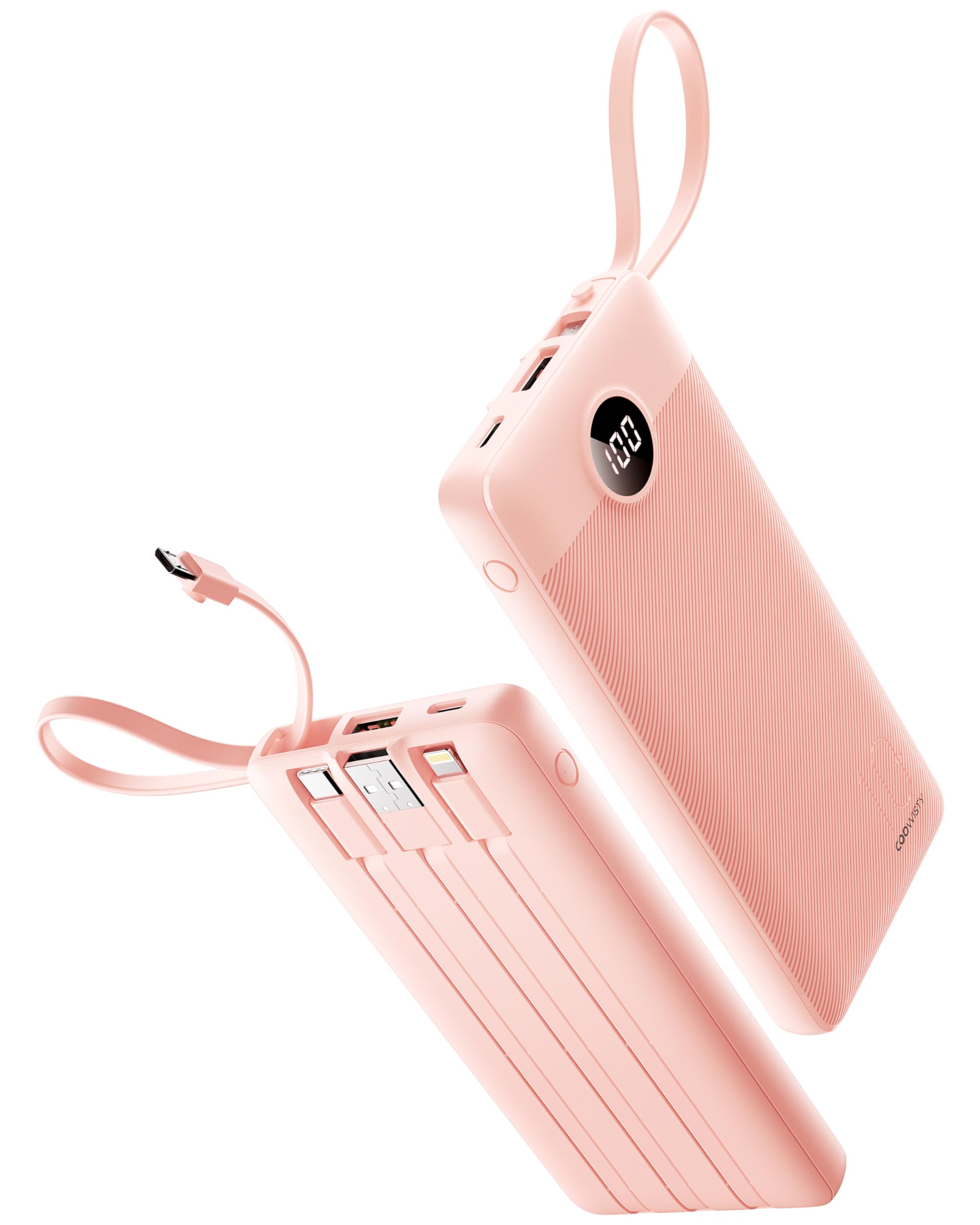 Portable Charger, ???????????????? ???????????????????????????????? Slim 10000mAh Travel Essentials Power Bank, 5 Outputs 2 Inputs LED Display External Battery Pack with Built-in Cables Compatible with iPhone/Android & More