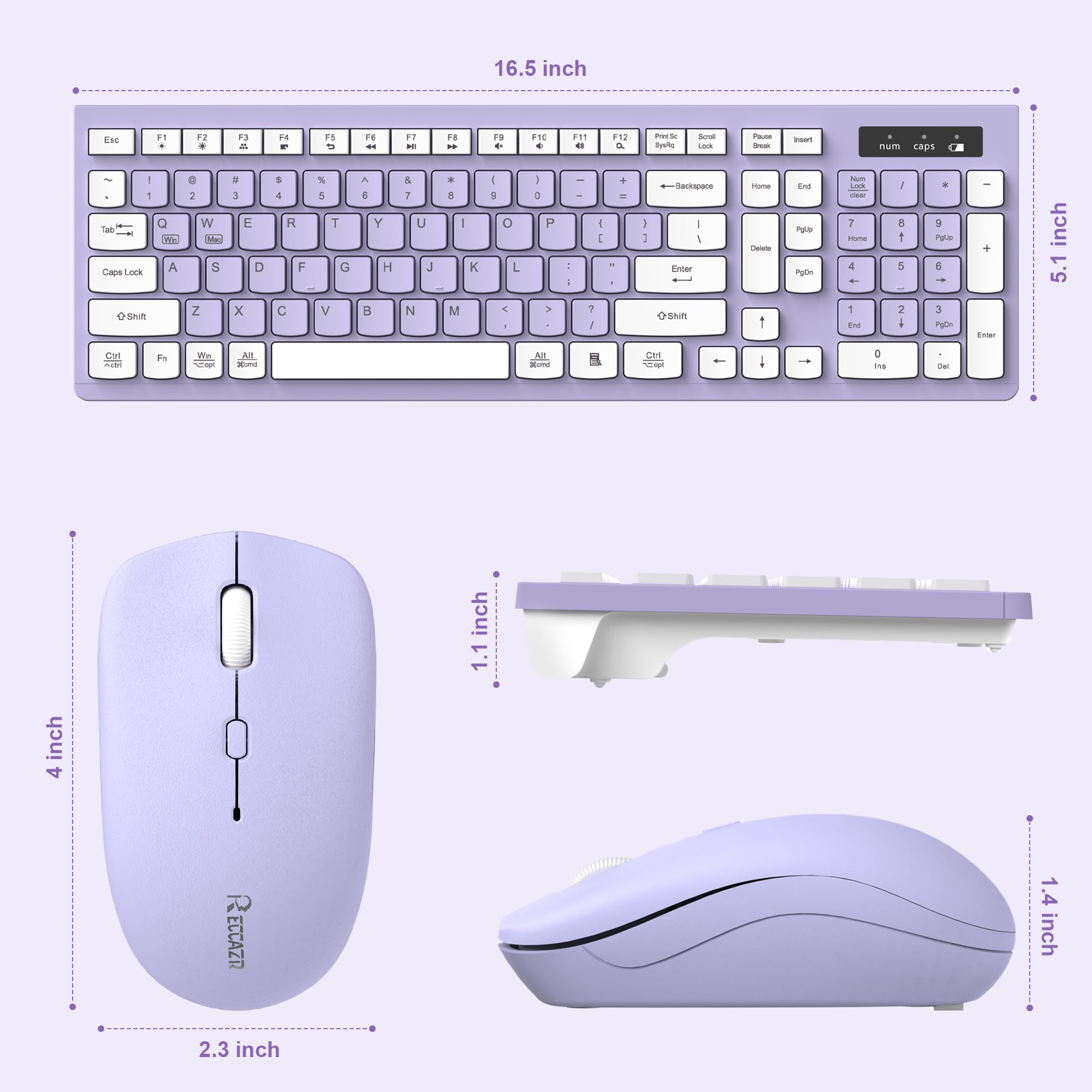 Wireless Keyboard and Mouse Combo, Full-Sized Wireless Keyboard and Adjustable DPI Mouse, 2.4GHz USB Receiver, Silent Keyboard and Mouse for PC, Windows, MAC, Desktop, Laptop(Purple)