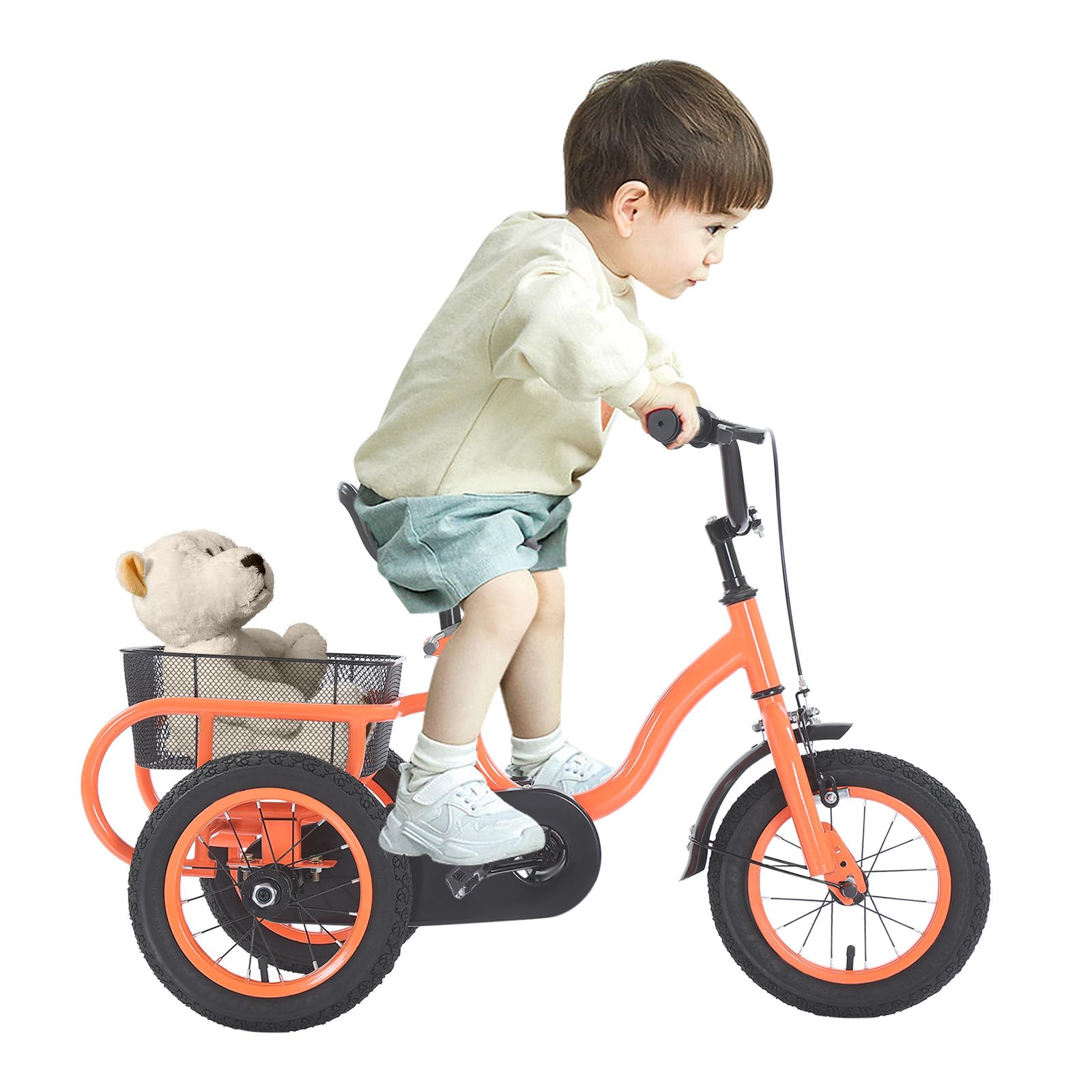 Triciclo infantil de 12 pulgadas, bicicleta infantil con cesta grande, triciclo de altura ajustable, adecuado para niños de 2 a 5 años y una altura de 90 a 115 cm, naranja