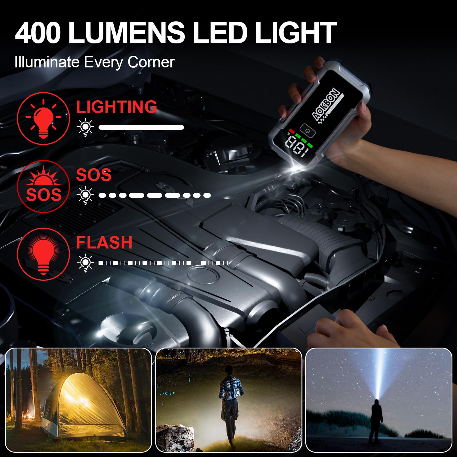 AOKBON Auto Starthulp 7000A Jumpstarter (tot Alle Benzine of 10L Diesel) 12V Accubooster met LED Lamp, LCD Scherm, Slimme Klemmen, Meervoudige Bescherming voor Auto, Motor, Vrachtwagen, SUV