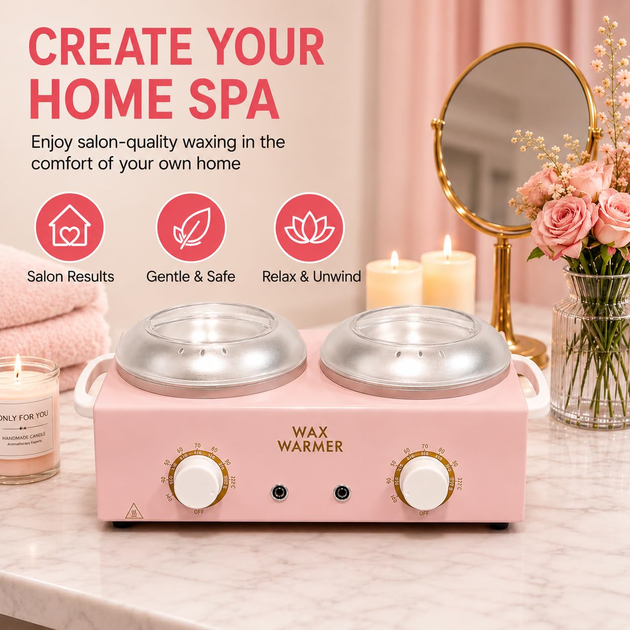 Calentador de cera para depilación, olla de cera doble | Calentador de cera profesional con cuencos de silicona y 20 palos de madera, temperatura ajustable, color rosa
