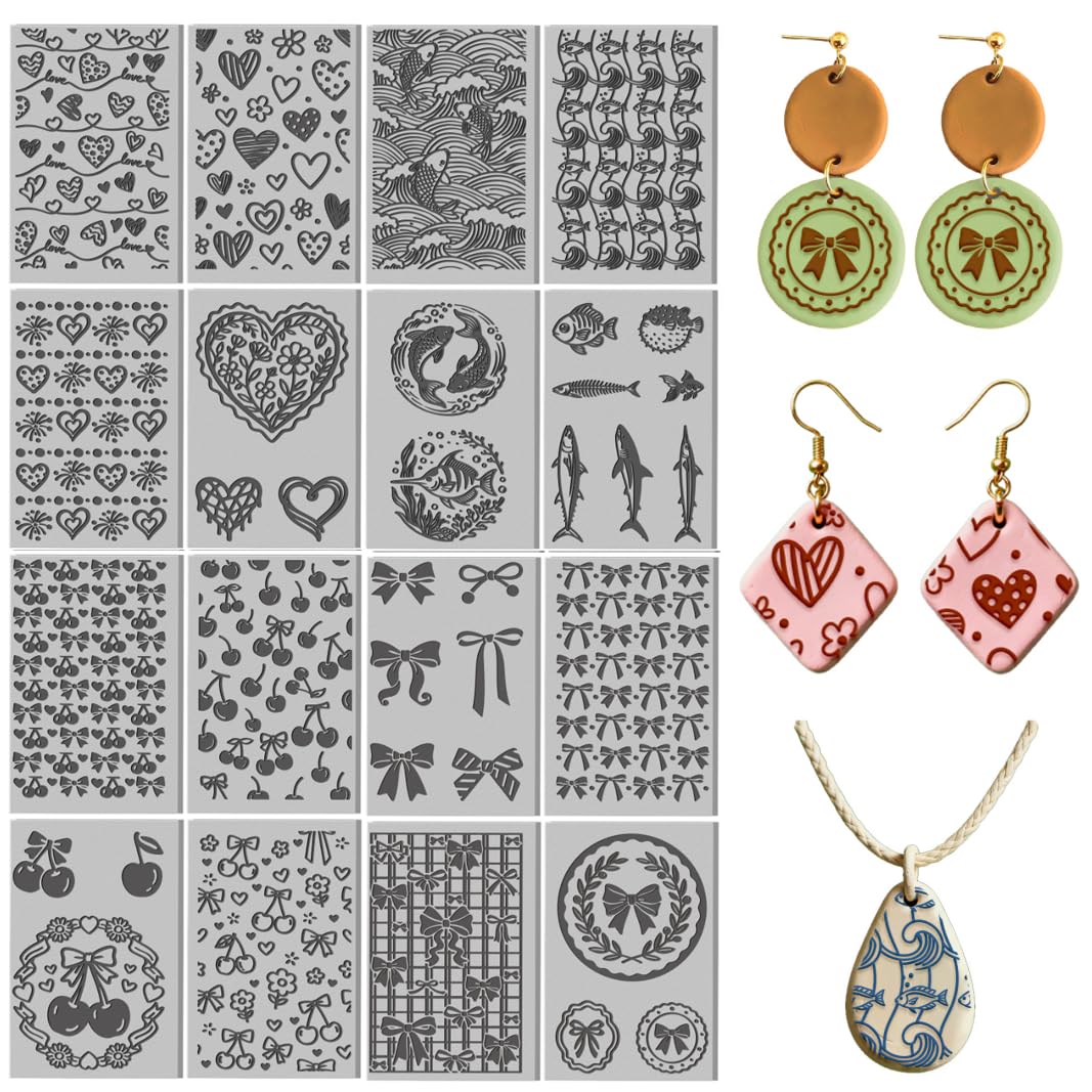 16 Sheets 16 Styles Mixed Textures Polymer Clay Texture Mat Bows Clay Modeling Pattern Pad Waves Texture Sheets for Making Earrings Jewerly Tools, 4×2.6 inch