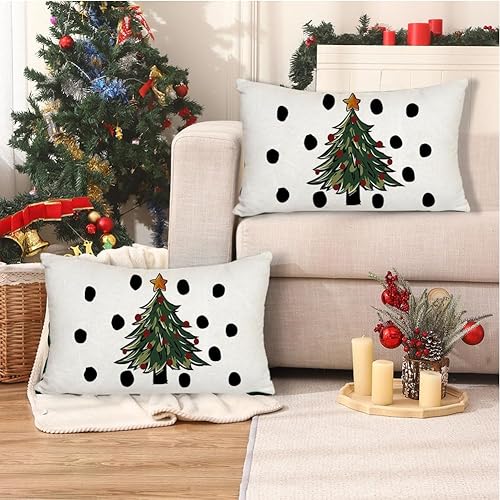 Miniatura 7 de RABUSOFA Fundas de almohada de Navidad de invierno de 12 x 20 pulgadas, decoración de árbol de Navidad de lunares, almohadas lumbares de acuarela,