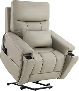 CHITA Power Lift Recliner Chair for Elderly with Power Headrest, Genuine Leather, Heat & Massage, Cup Holders, Removable Lumbar Pillow, Side Pockets, Gray