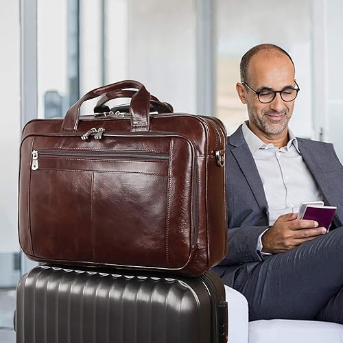 Miniatura 7 de Augus Maletines de cuero para hombres, bolsas de viaje impermeables para portátil de 17 pulgadas, cremallera YKK (cofee-1)