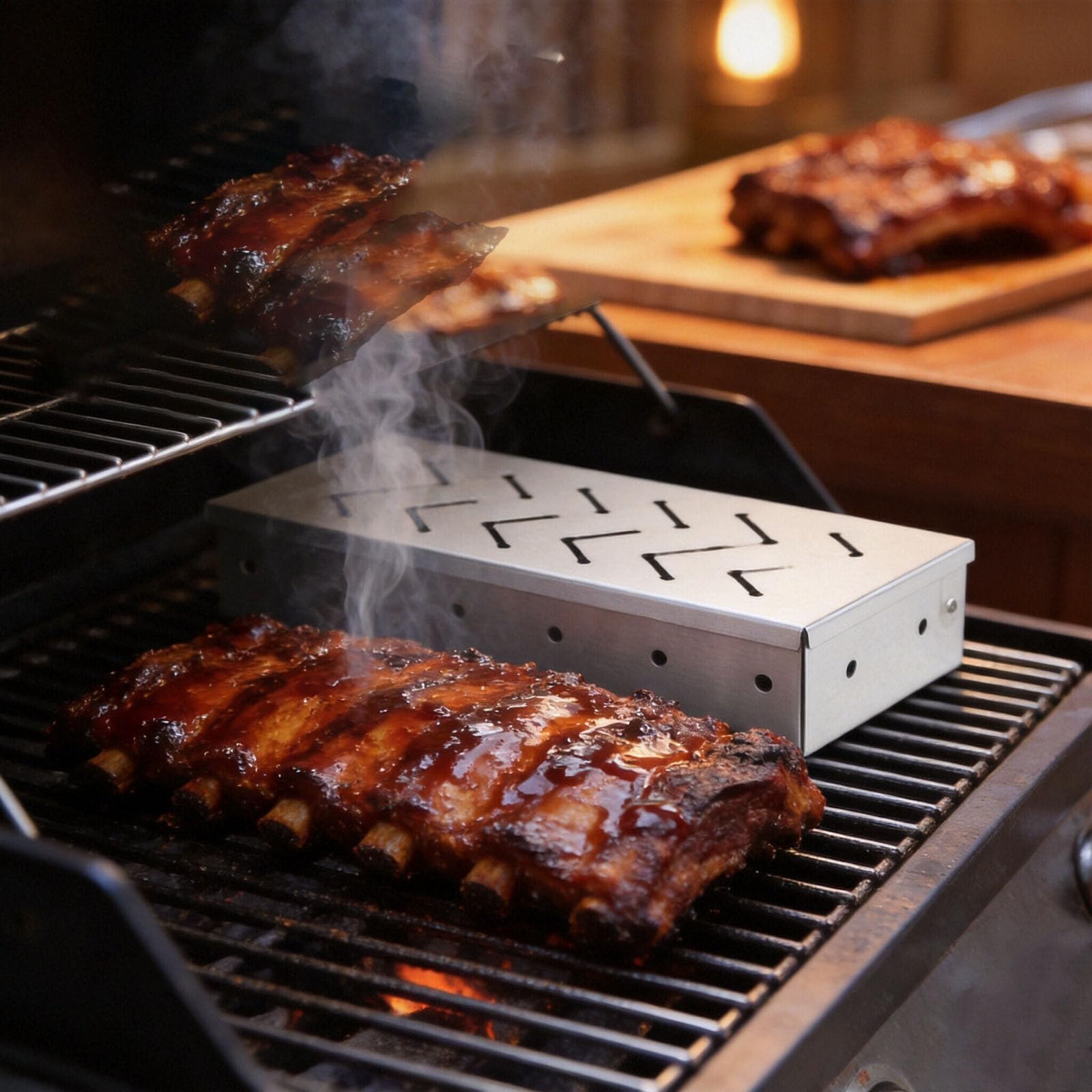 Caja ahumadora para barbacoa con astillas de madera, accesorios de acero inoxidable de alta resistencia para infusión de sabor ahumado en carnes y pescados, compatible con parrillas de gas y carbón.