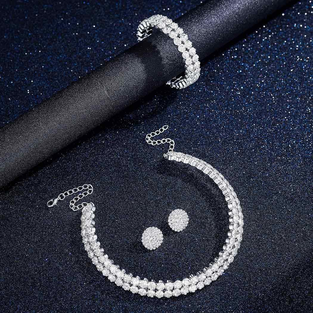 Gangel Rhinestone Necklace Earring Set Crystal Bracelet and Necklace Choker Prom Wedding Silver Jewelry Sets Accessories for Women - Image 2