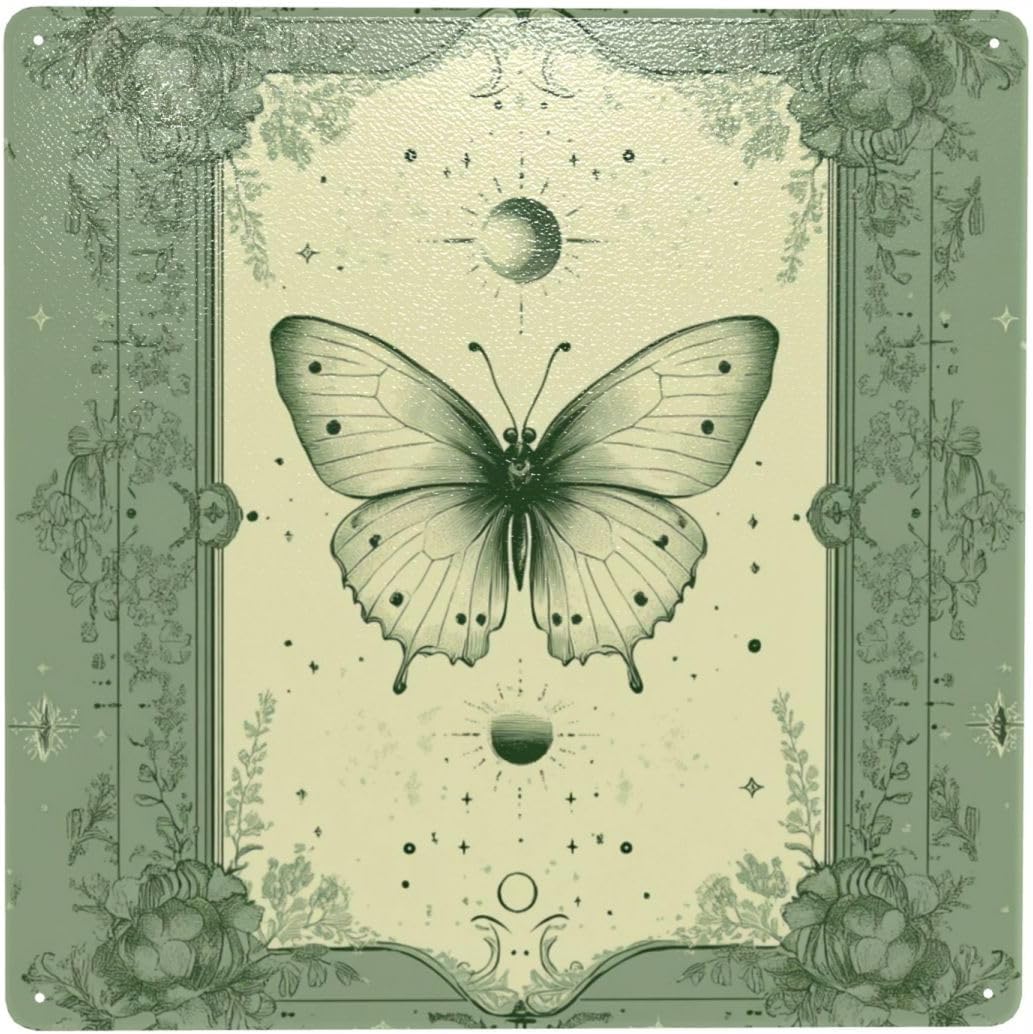 Vintage Green Butterfly Moon Star Floral Frame Art Tin Metal Sign – 8x8 Inch Tin Metal Plaque Decor, For Bedrooms Gifts For Insect & Boho Admirers