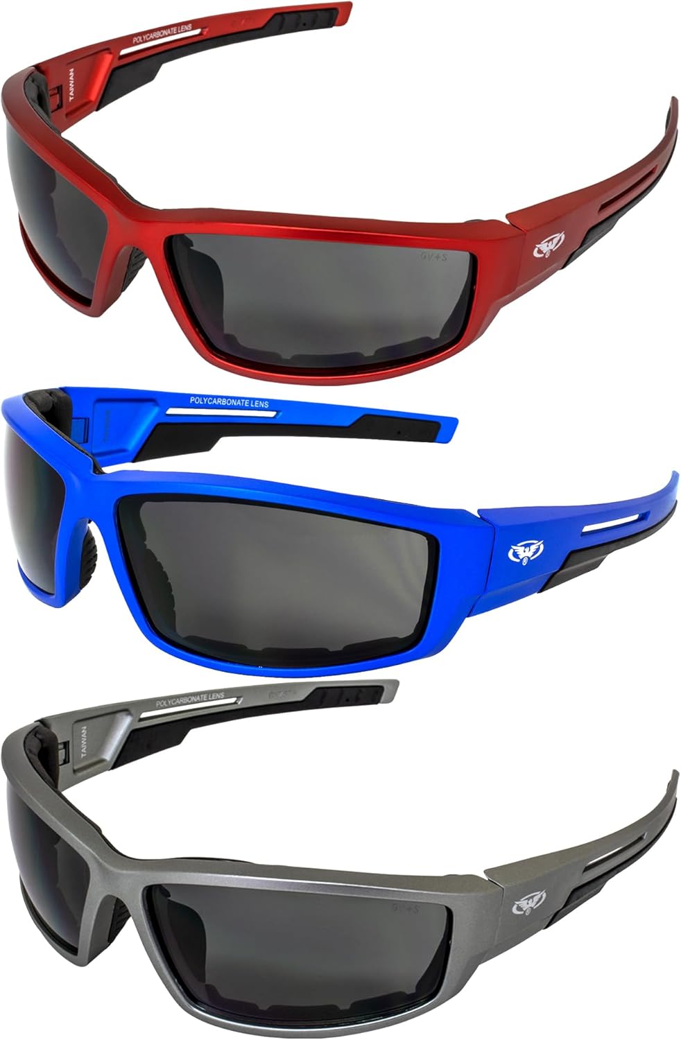 Global Vision Sly Motorcycle ATV Padded Riding Sunglasses 3 Pair Smoke Lenses and Red, Blue & Grey Metallic Frames