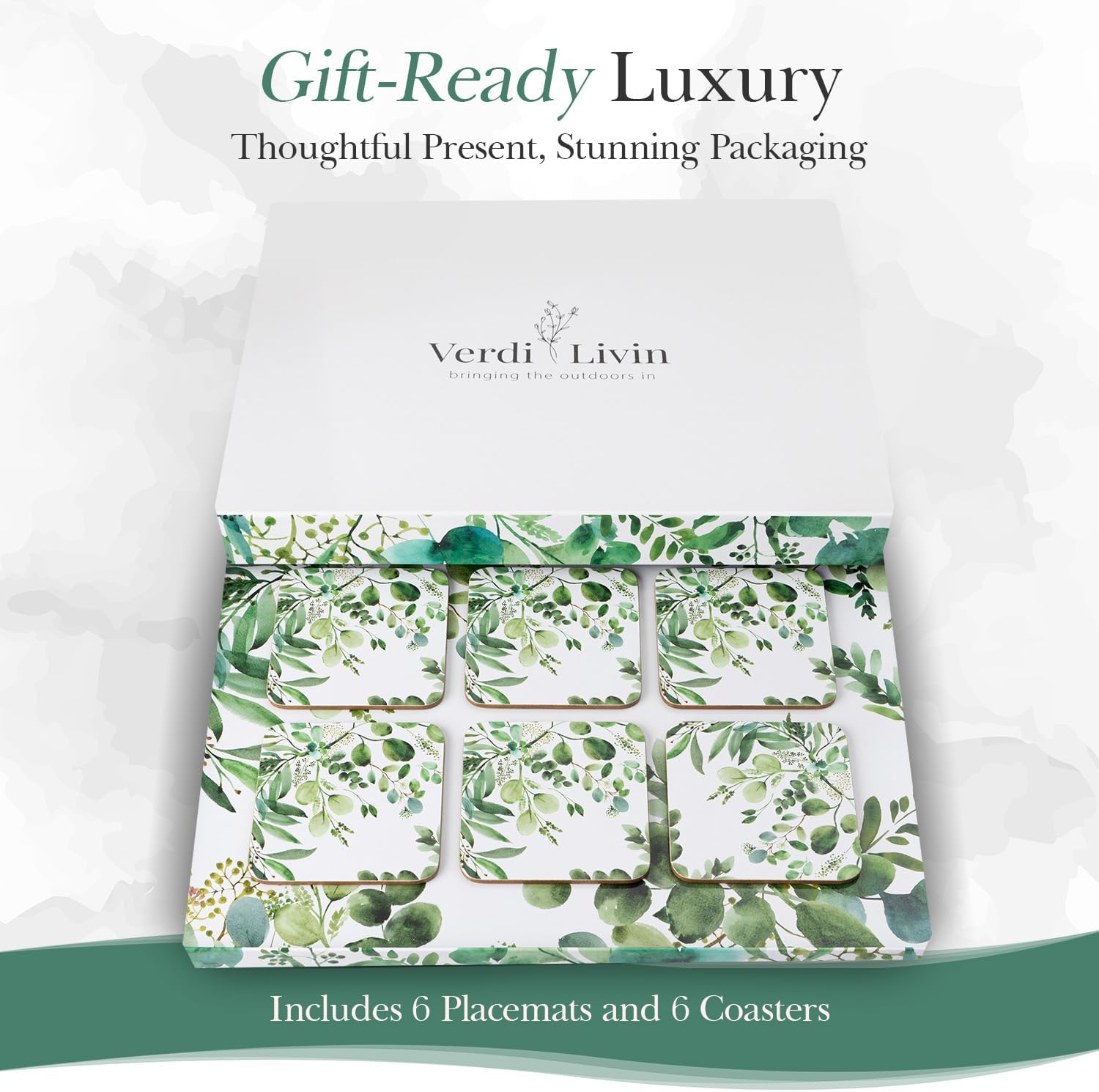 Cork Placemats Set of 6 Matching Coasters I Heat Resistant Place Mats for Dining Table 16" x 12", Cork Backed, Wipeable Green Leaf Design