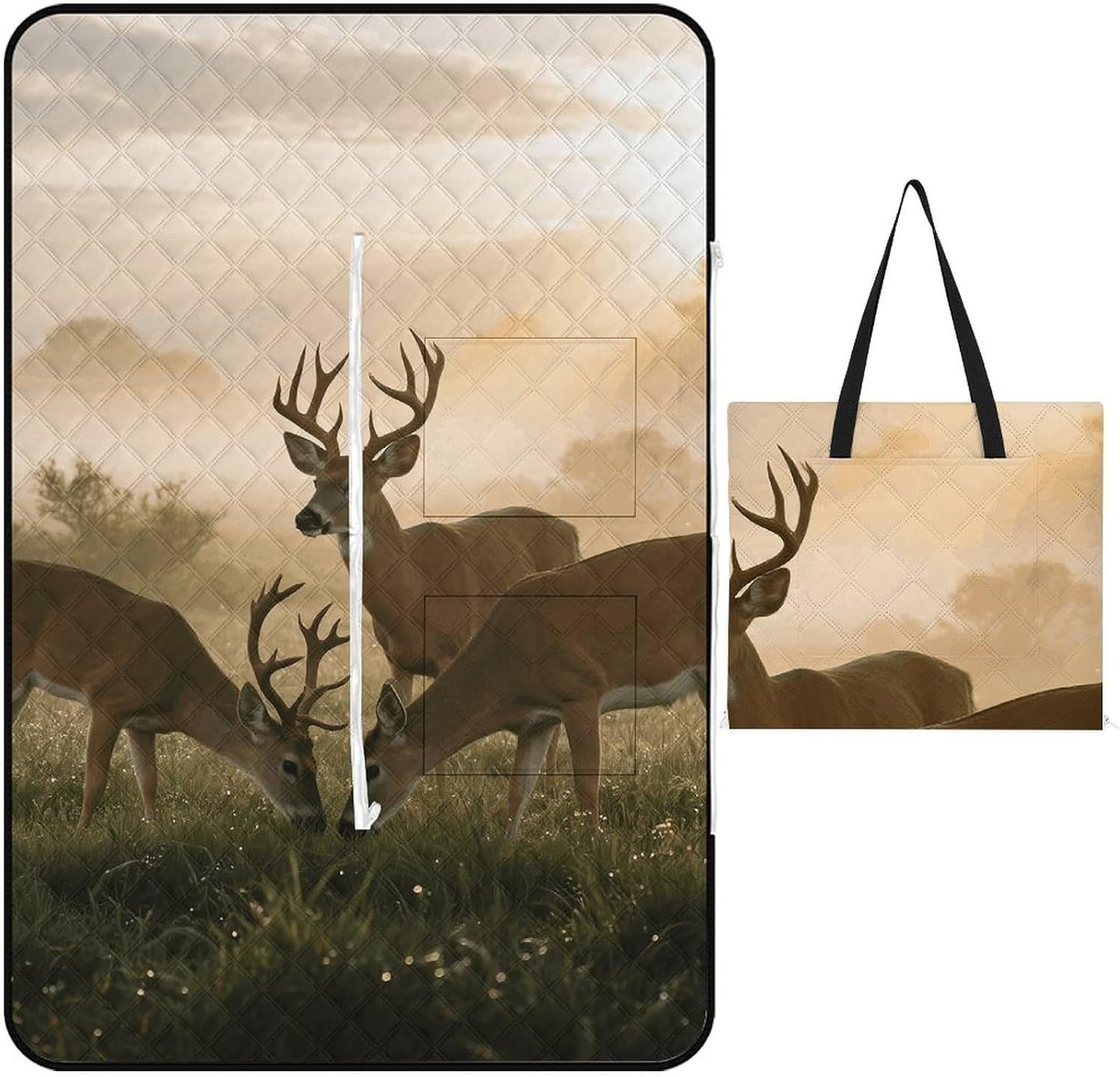 Deer Grass Hunting Picnic Blanket 200x200cm, Foldable 2-in-1 Picnic Mat and Tote Bag Portable Waterproof Beach Mat Sandproof Outdoor Blanket for Park, Hiking, Beach, Camping, Travel
