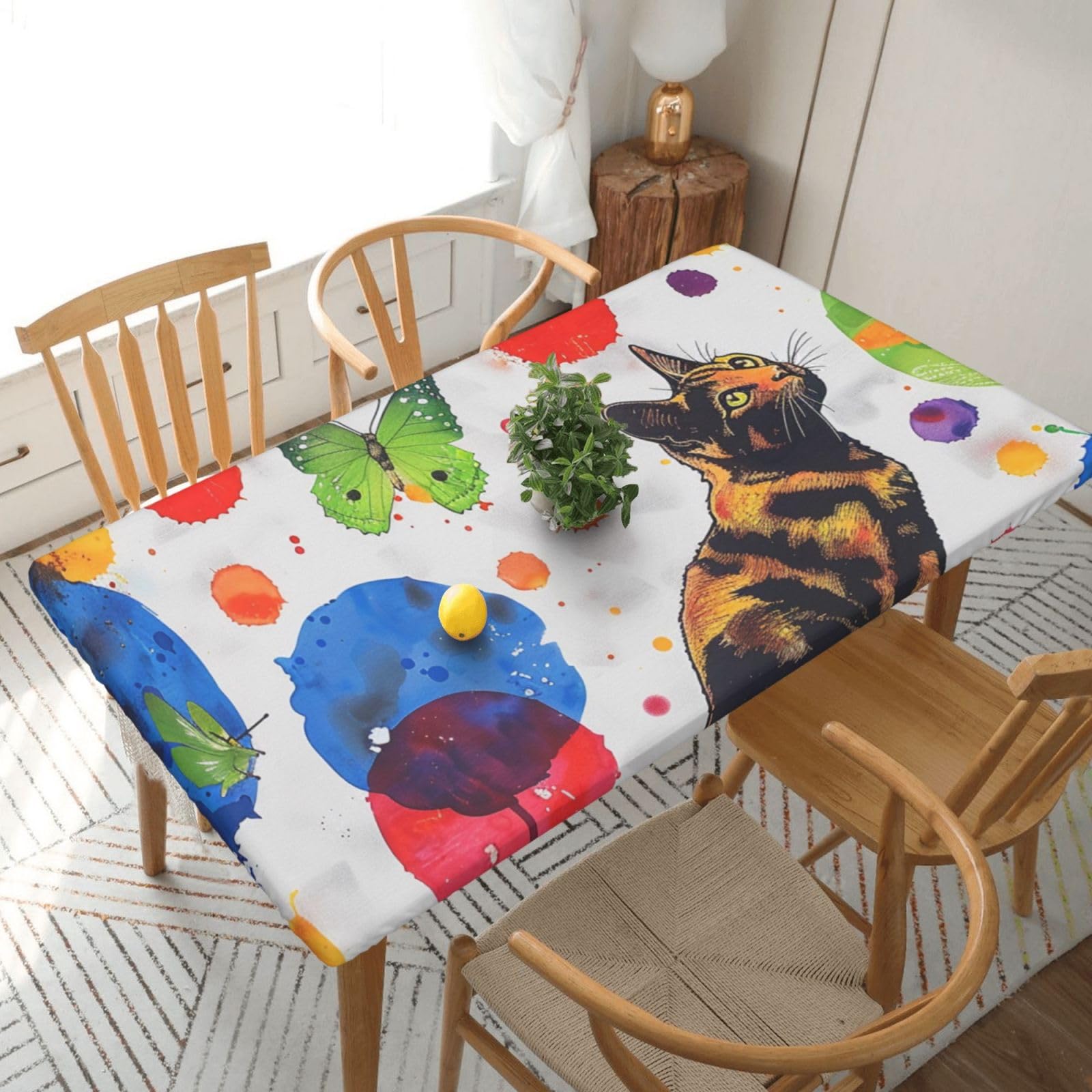 WPKJU Butterfly Polka dot and cat Printed Tablecloths 5ft Rectangular Table Covers Washable Polyester Decorative Table Cloth for Dining Table Picnic Wedding