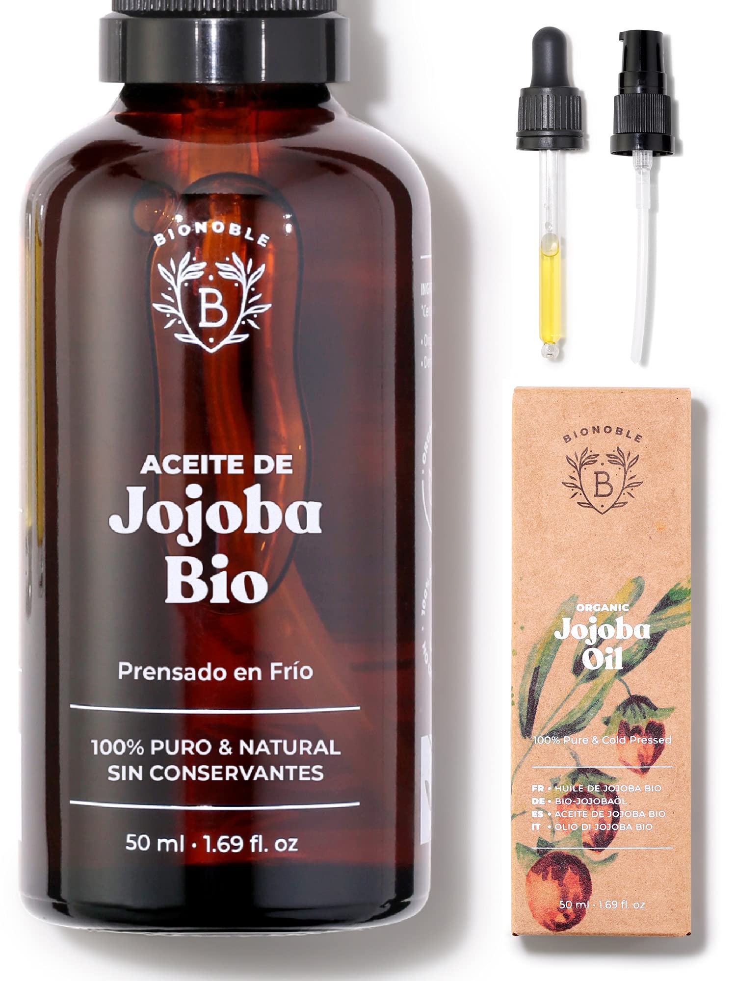 Bionoble Aceite de Jojoba Orgánico 50ml 100% Puro, Natural y Prensado en Frío - Rostro, Cuerpo, Cabello, Barba, Uñas - Vegano y Cruelty Free - Jojoba Oil - Botella de Vidrio + Pipeta + Bomba.