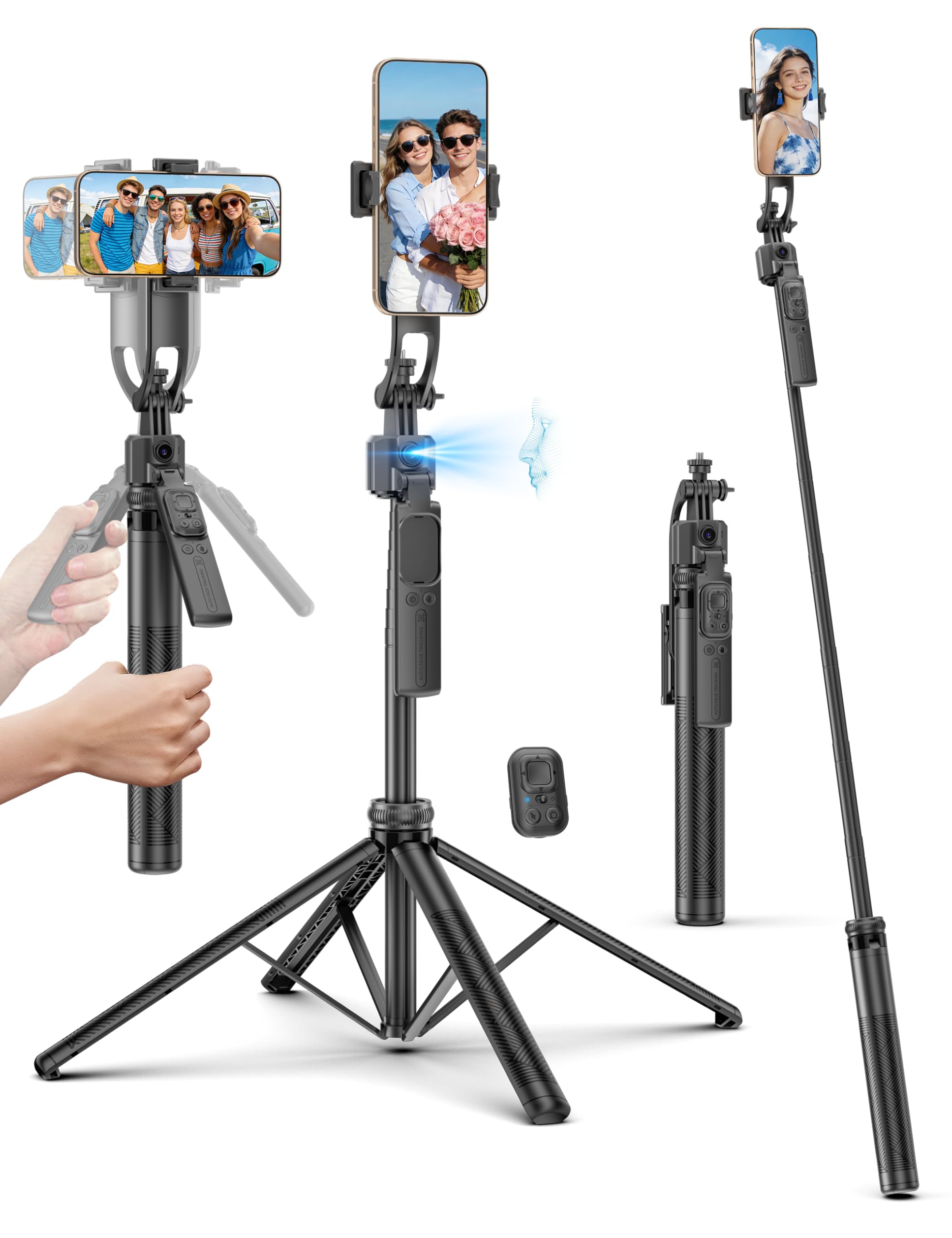 64'' Auto Face Tracking Tripod 360 Rotation with Stand, Handheld Stabilization, Aluminum Quadrapod Selfie Stick Phone Tripod with Remote Compatible