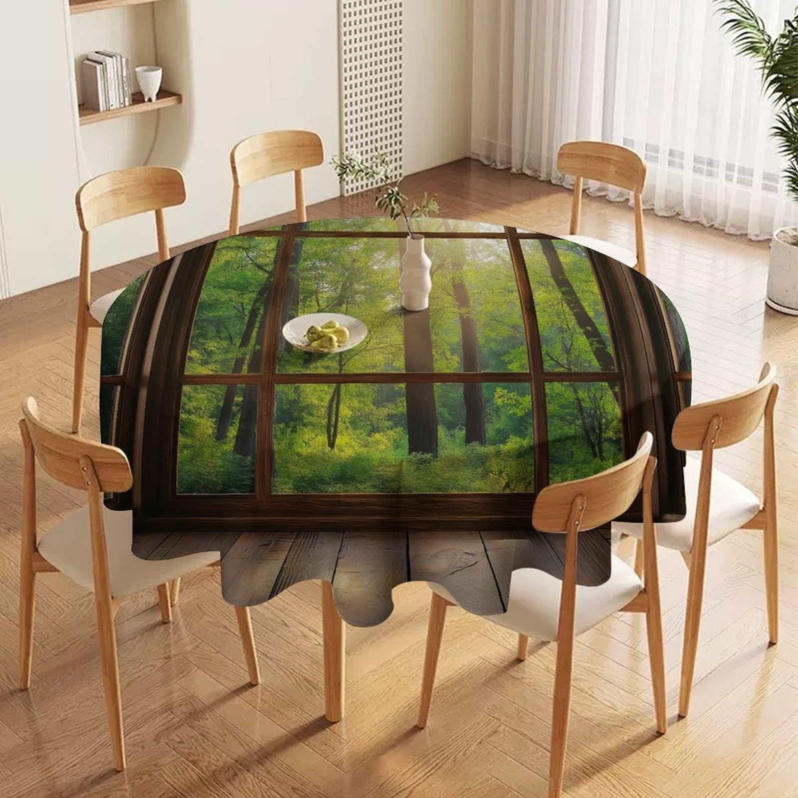 ORDOBO 3D Print Round Tablecloth - Forest On The Windowsill Fashion Waterproof Dust-Proof Table Cover For Dinner Kitchen Holiday Home Protect Table Decoration 177X177Cm