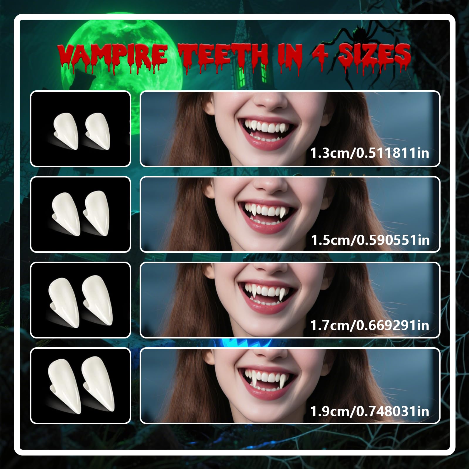 Colmillos De Vampiro Realistas | 3 Pares De Tamaños (13, 15, 17 Mm) | Con Pegamento Para Disfraces De Halloween