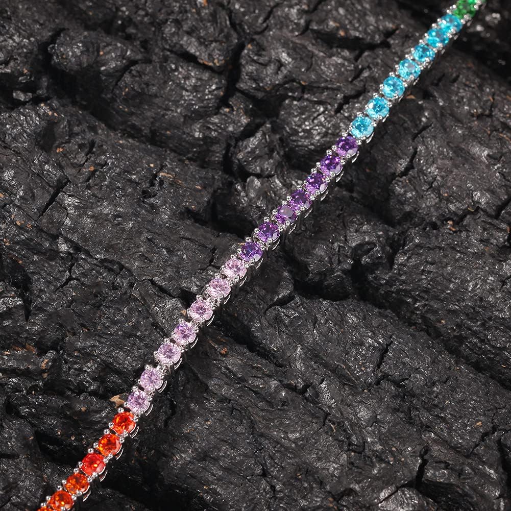 Solid Gold over S925 Sterling Silver Rainbow Tennis Bracelet for Women, Hip Hop Crystal Jewelry and Stackable Wristwear, Ideal Gift for Her and Stylish Unisex Fashion Accessory