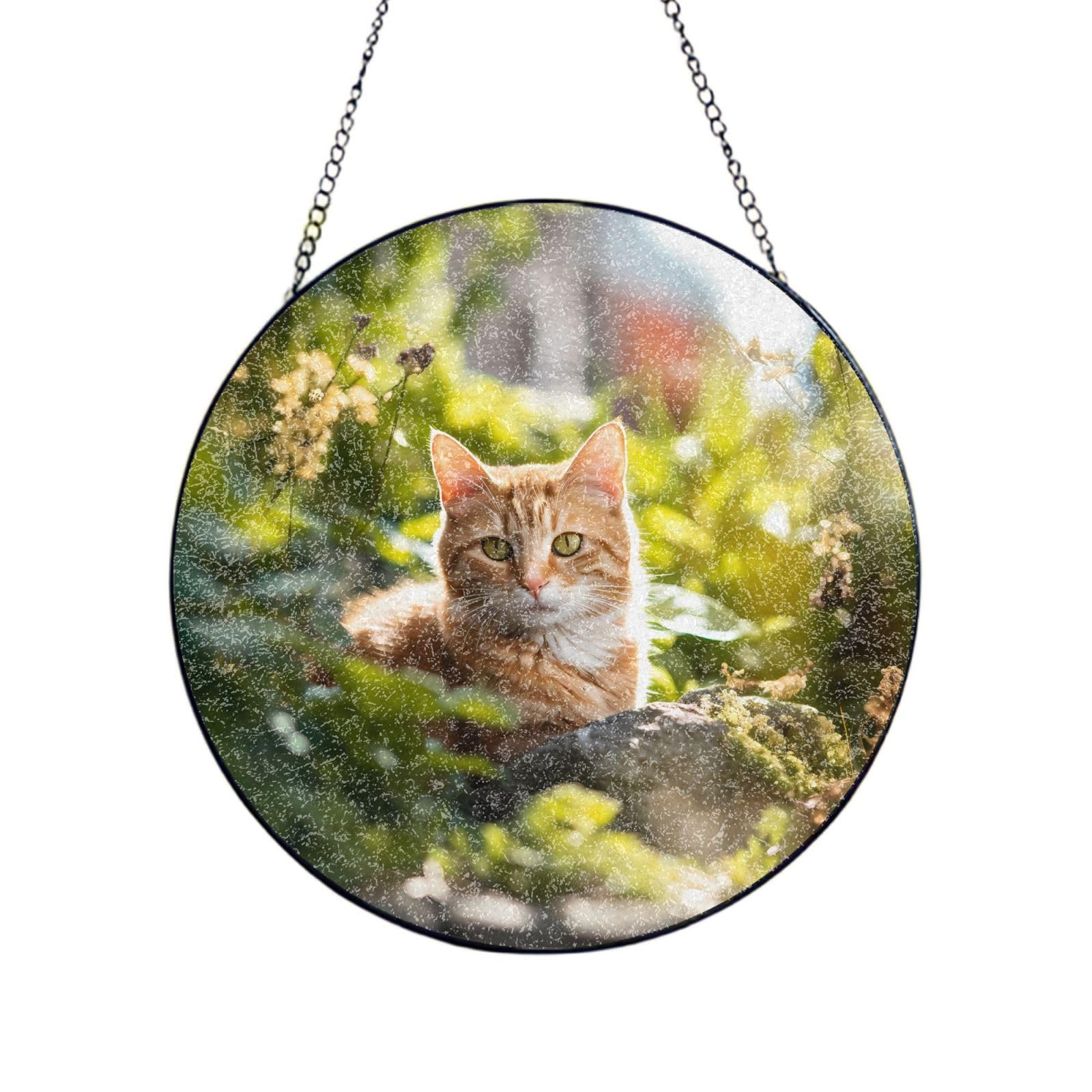Phayah Cat In The Garden Print Stained Glass Window Hanging Sun Catchers Decoration Mother'S Day Birthday Gifts For Home Garden Porch 4in（10cm）