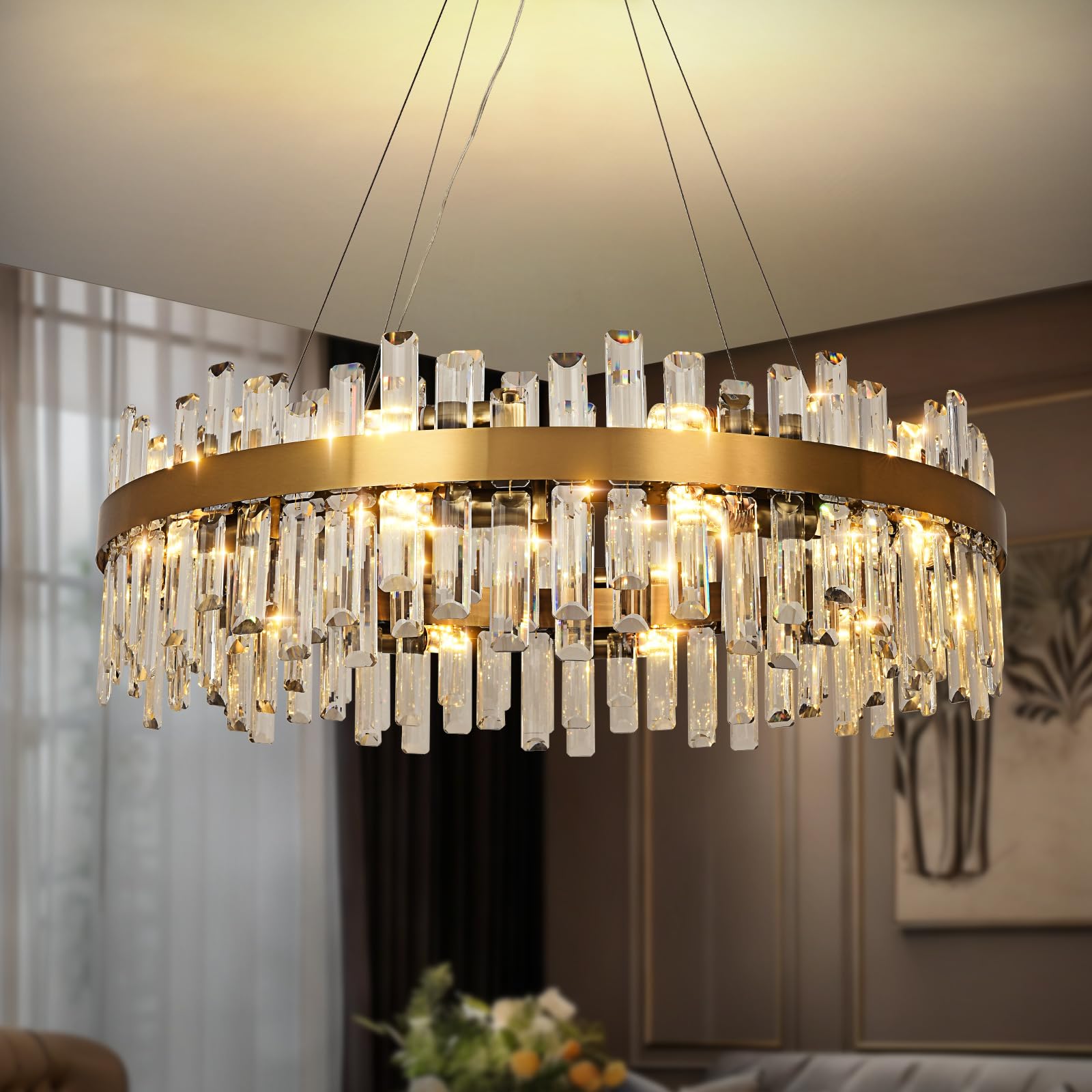Lampadario moderno di cristallo a sospensione d'oro, lampada di cristallo a sospensione rotonda, 20xE14 lampada a sospensione per soggiorno, sala da pranzo, camera da letto, Φ80cm
