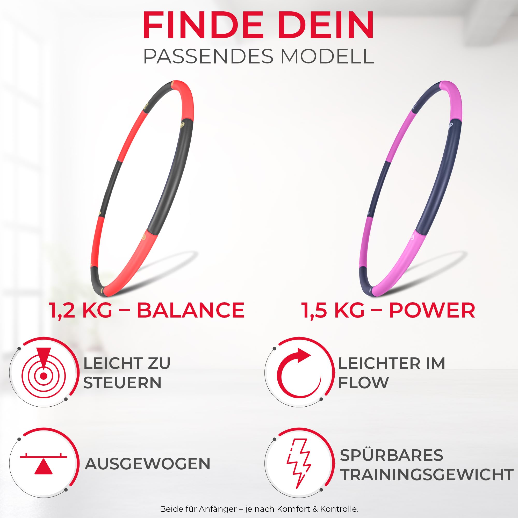 Hula hop dla początkujących, bez fal i wypustek, 1 kg do 1,5 kg, 75-100 cm, 6-8 segmentów, Hullahub Fitness Sport dla dorosłych do odchudzania