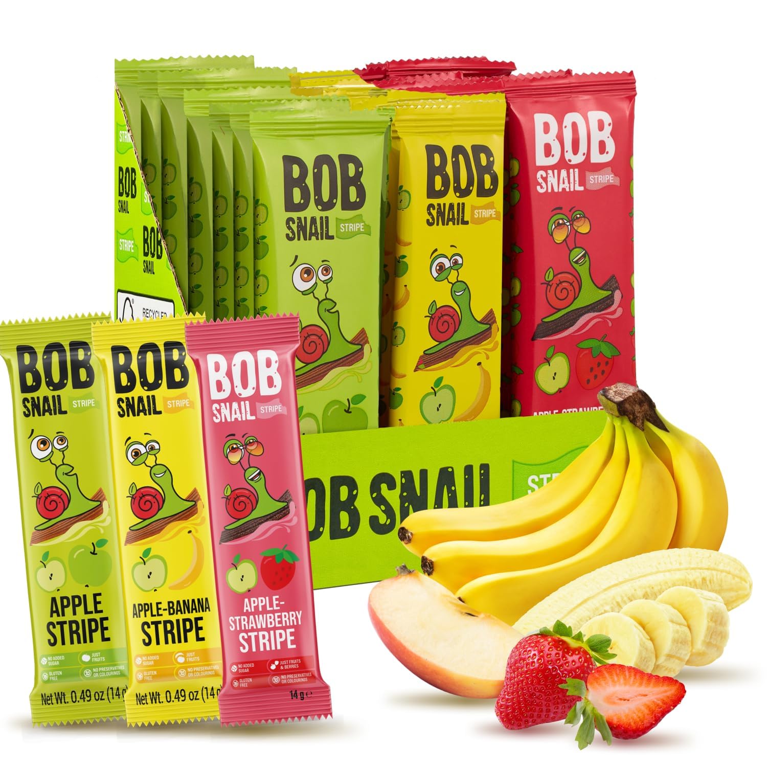 BOB SNAIL Healthy Fruit Snacks for Kids and Adults – 30 Fruit Leather Snacks with Apple, Banana, Strawberry – Vegan Low-Carb Variety Pack Strips for Kids – Sugar Free Jerky Bars