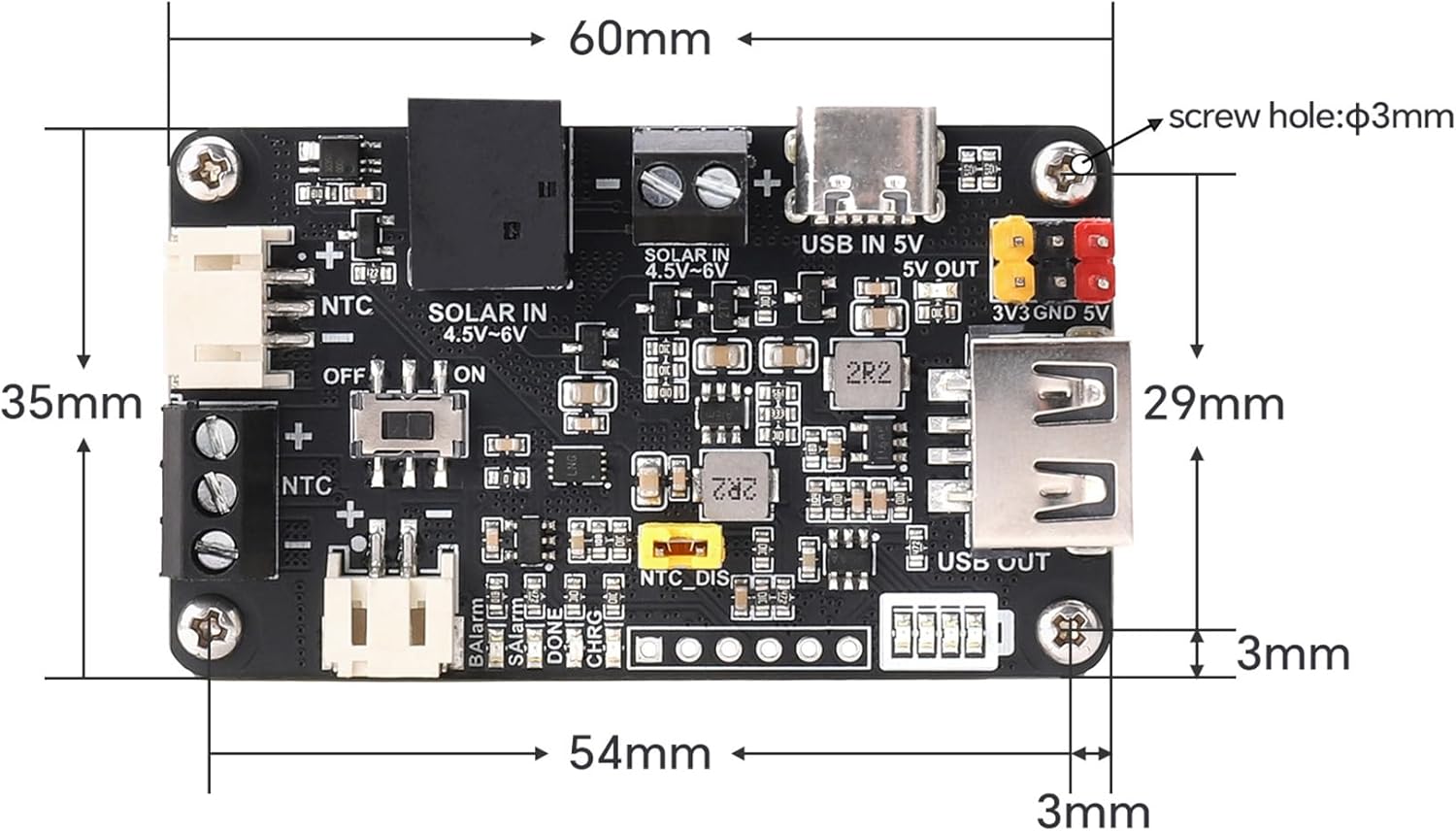 Solar Power Management Module for 5V Solar Panel & 3.7V Lithium Ba-ttery Charging, USB/Type-C Input, 5V/3.3V Output, Ba-ttery Protection for IoT & Environmental Monitoring